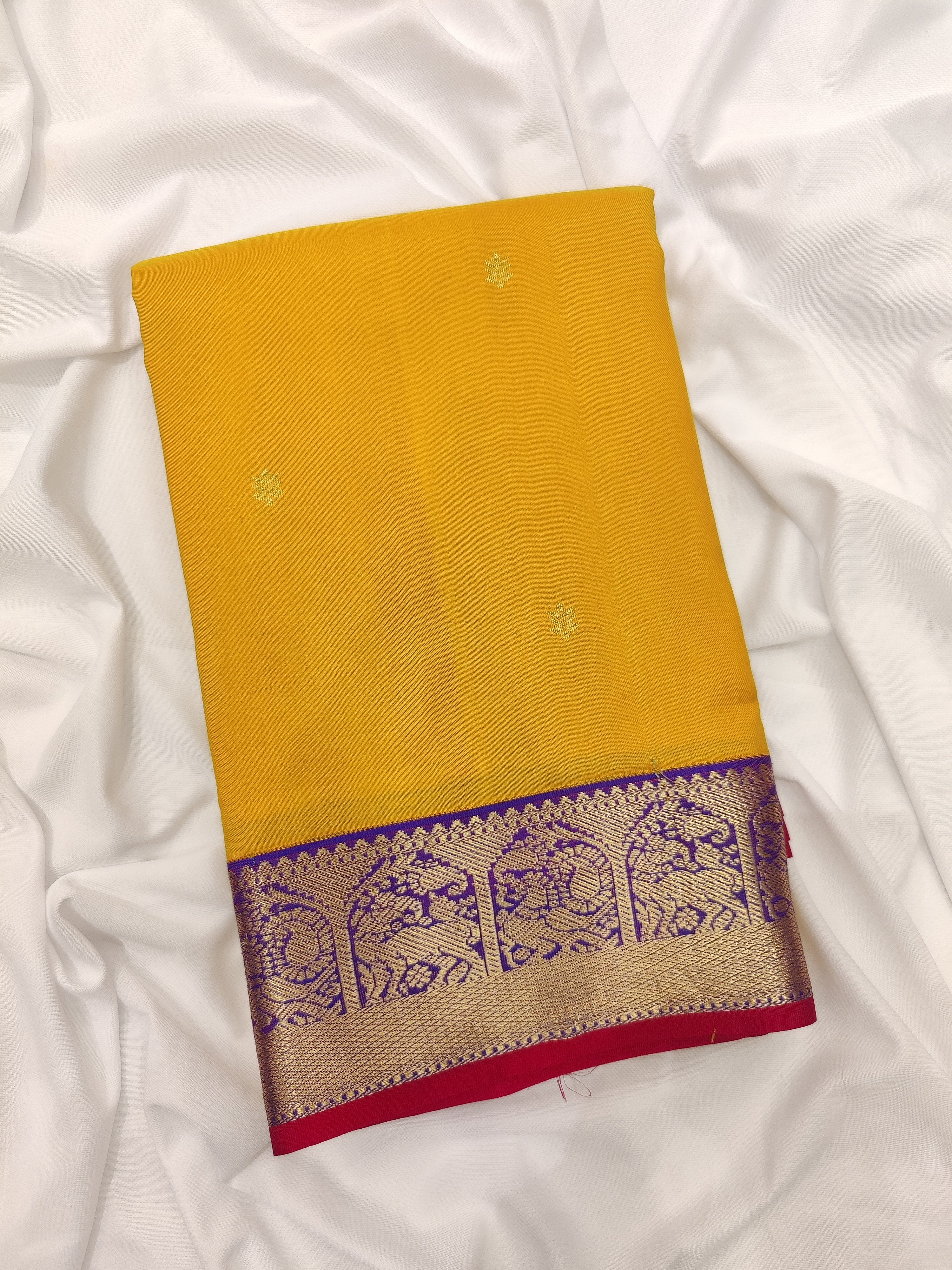 Yellow Kanjivaram Silk Saree with Purple Traditional Zari Border – Pure Handloom Bridal Saree Online