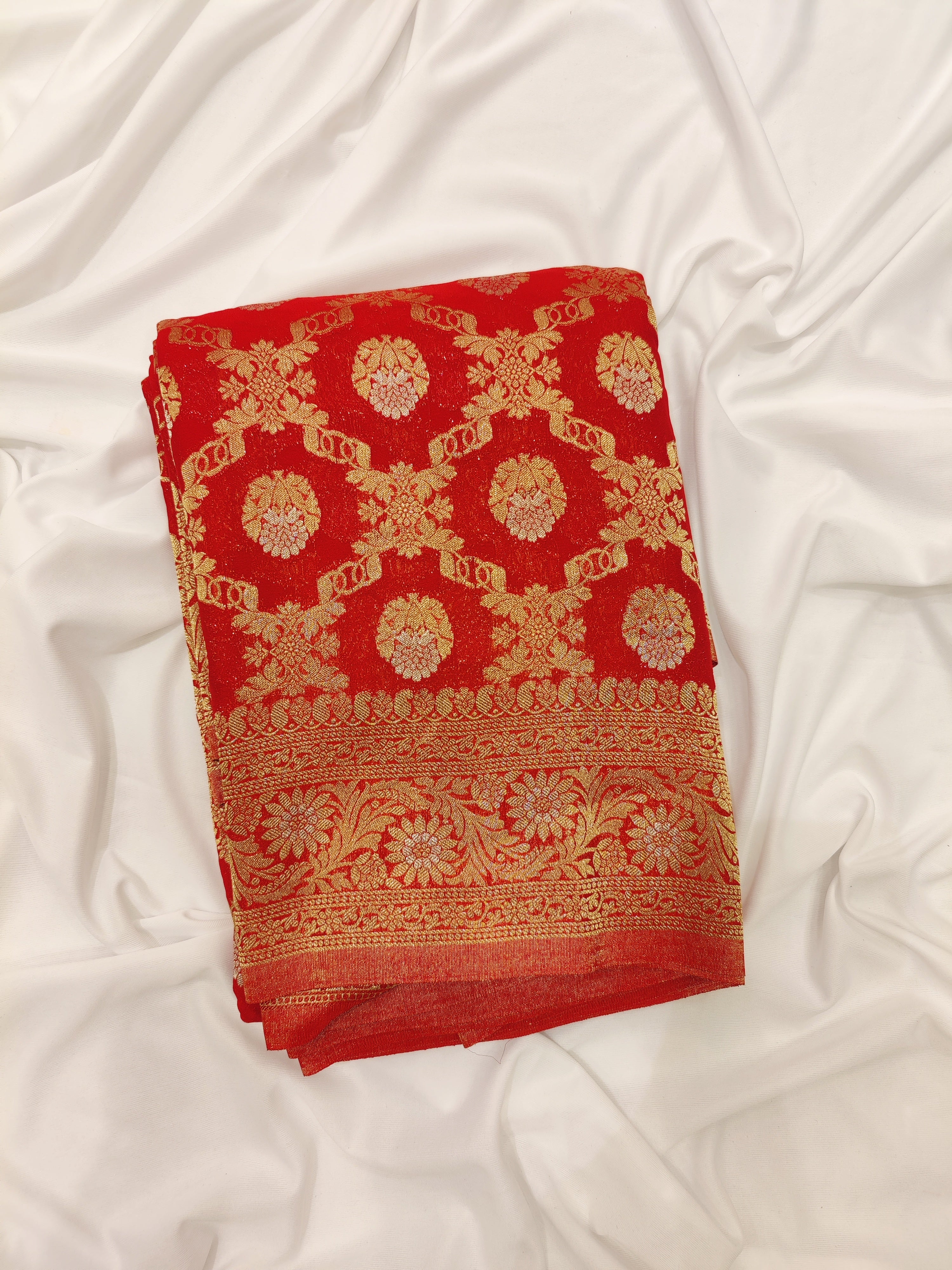 Red Semi Georgette Silk Saree with Zari Work – Festive Elegance in a Lightweight Drape Online - New Sudarshan Silks`