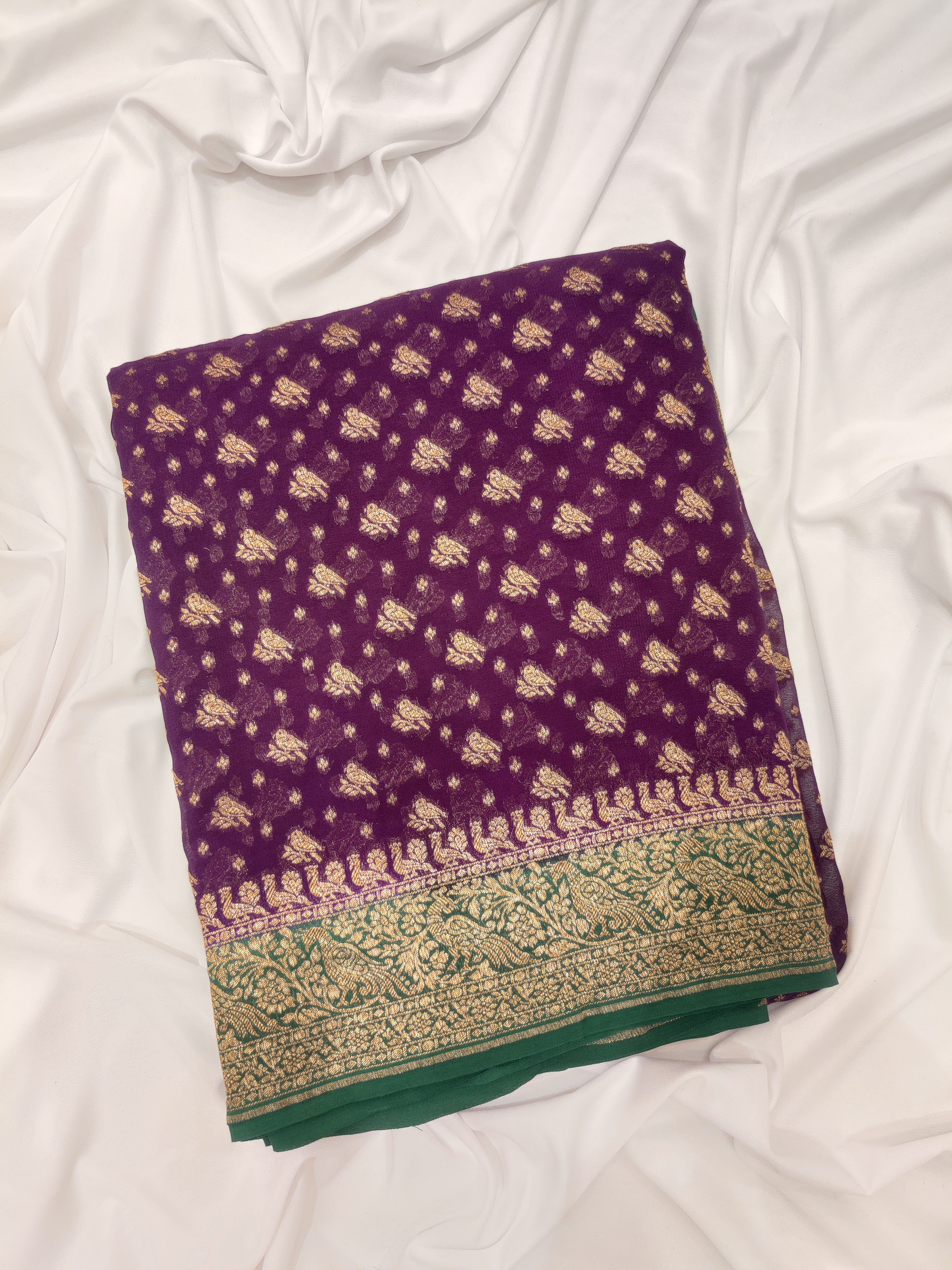 Wine Pure Georgette Silk Saree with Bottle Green Parrot Butta – Luxurious Designer Saree for Celebrations Online - New Sudarshan Silks`