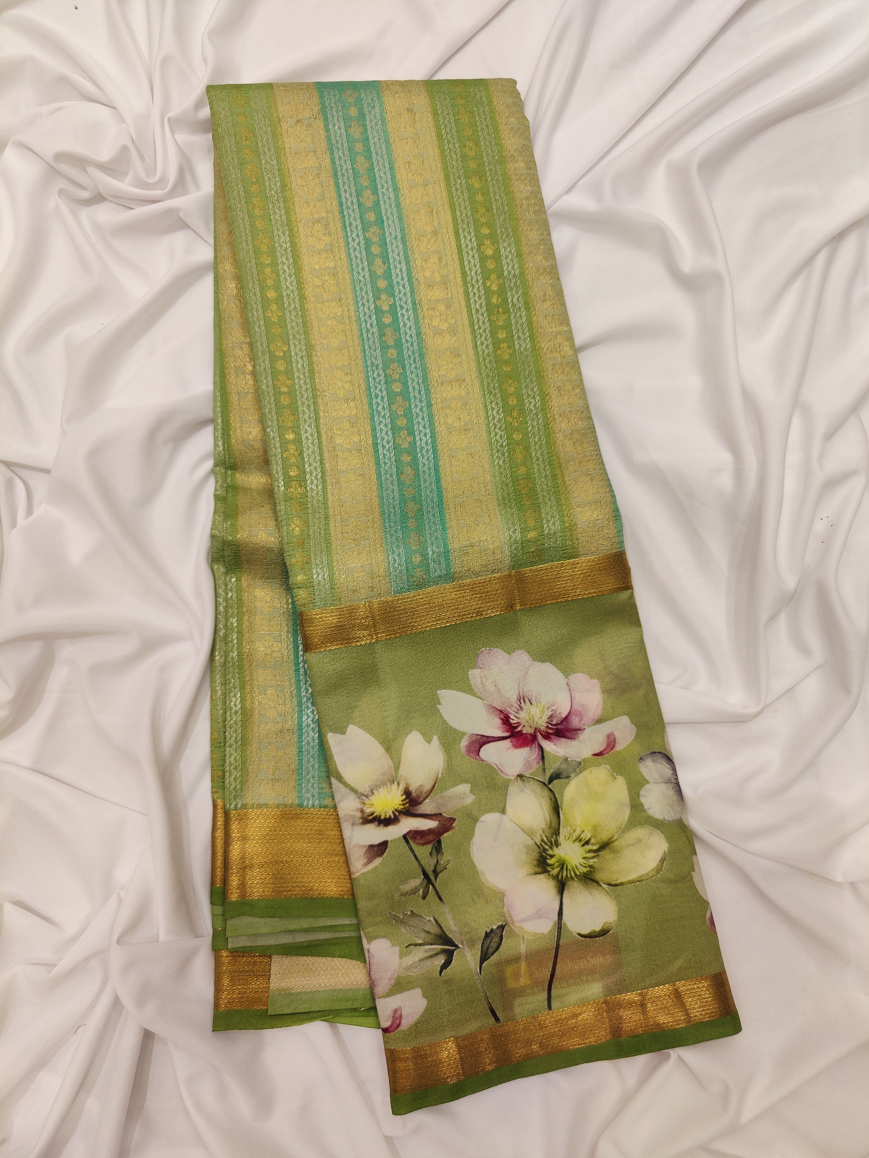 Pista Shade Pastel Shade Pure Organza Silk Saree with Printed Floral Border – Elegant Designer Saree Online - New Sudarshan Silks`