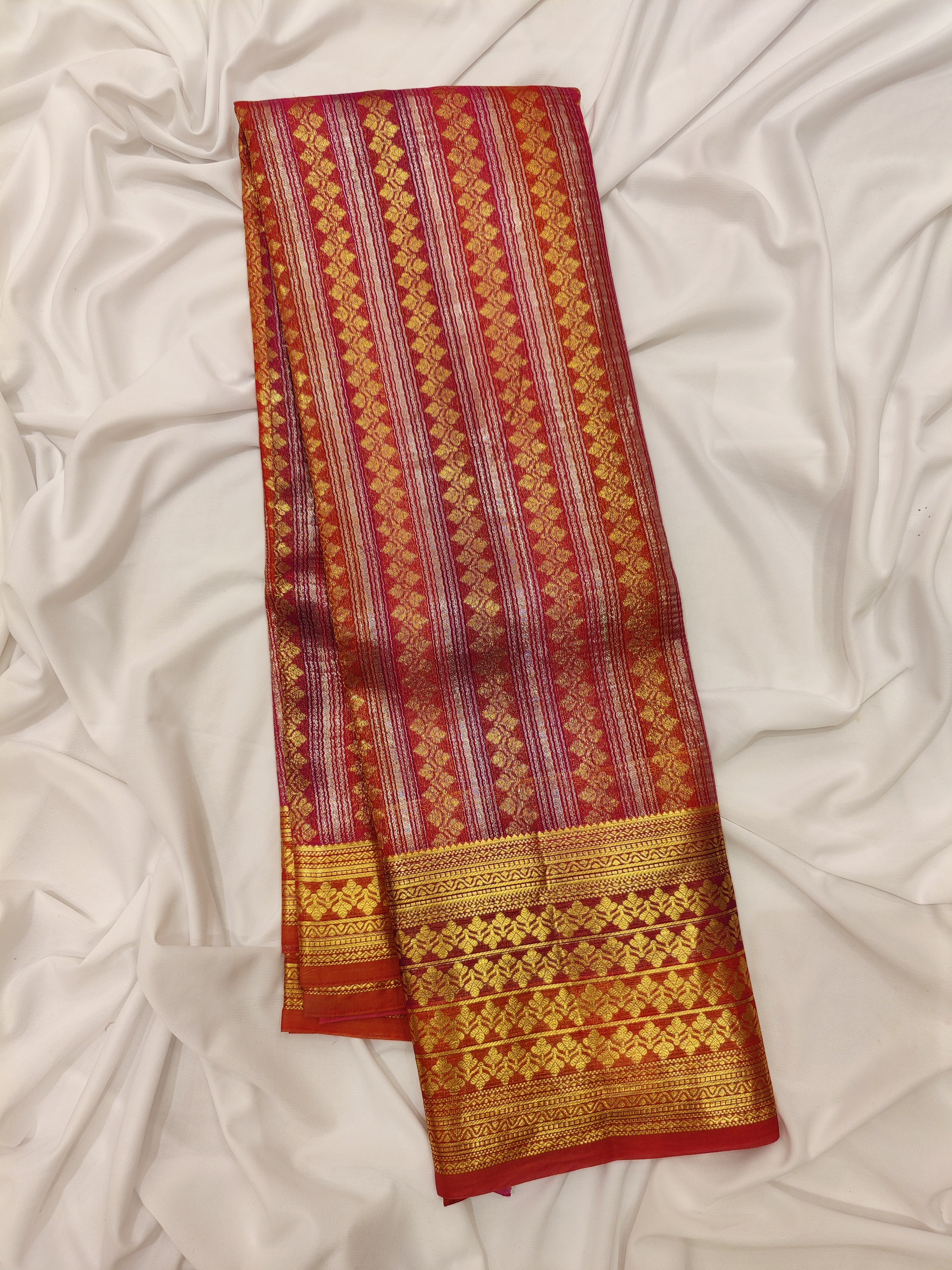 Orange Peachish organza Saree with Gold Zari Work and Fancy Border – Elegant Handloom Saree Online - New Sudarshan Silks`
