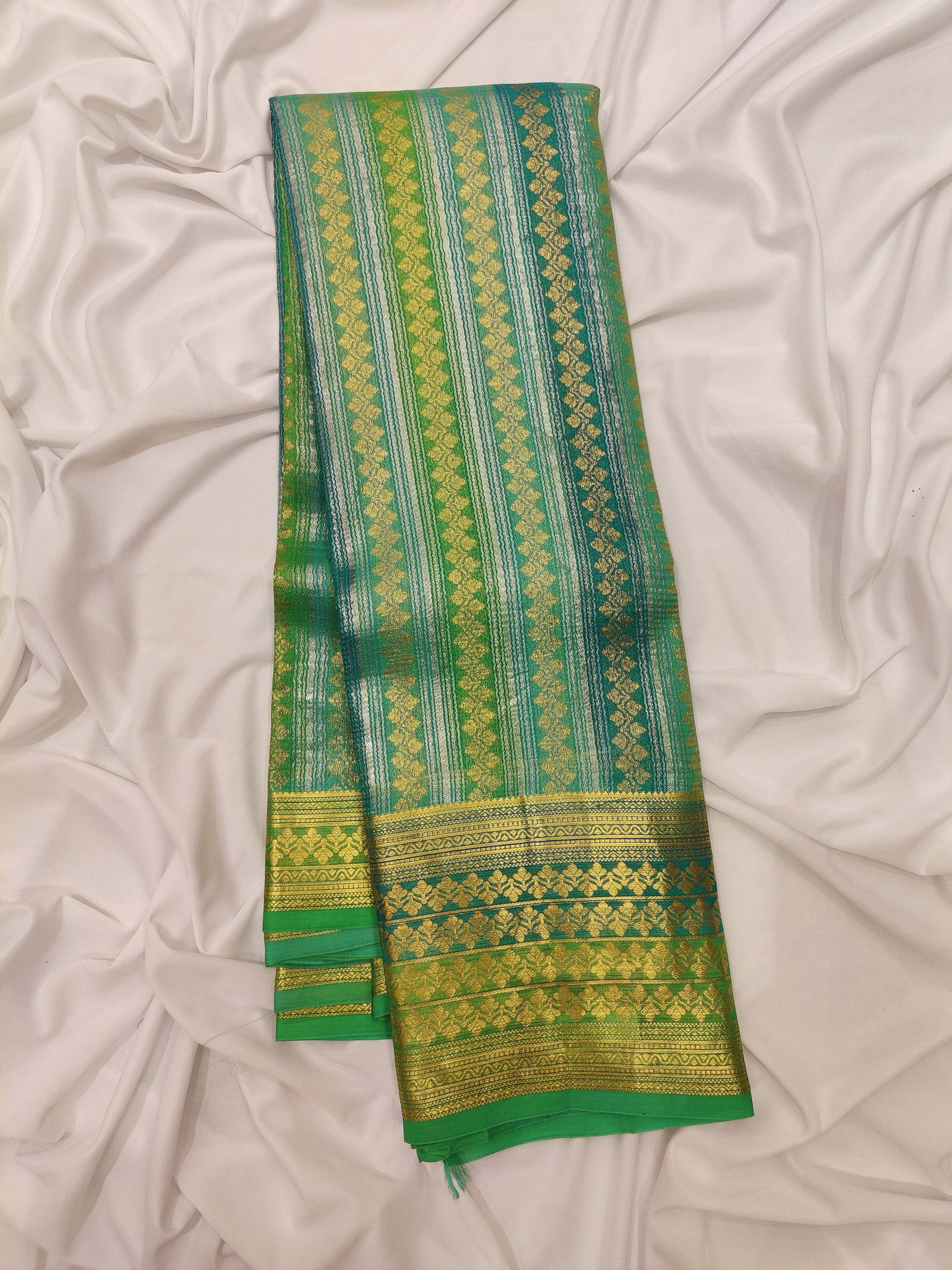 Greenish & blue Blue organza Saree with Gold Zari Work and Fancy Border – Elegant Handloom Saree Online - New Sudarshan Silks`