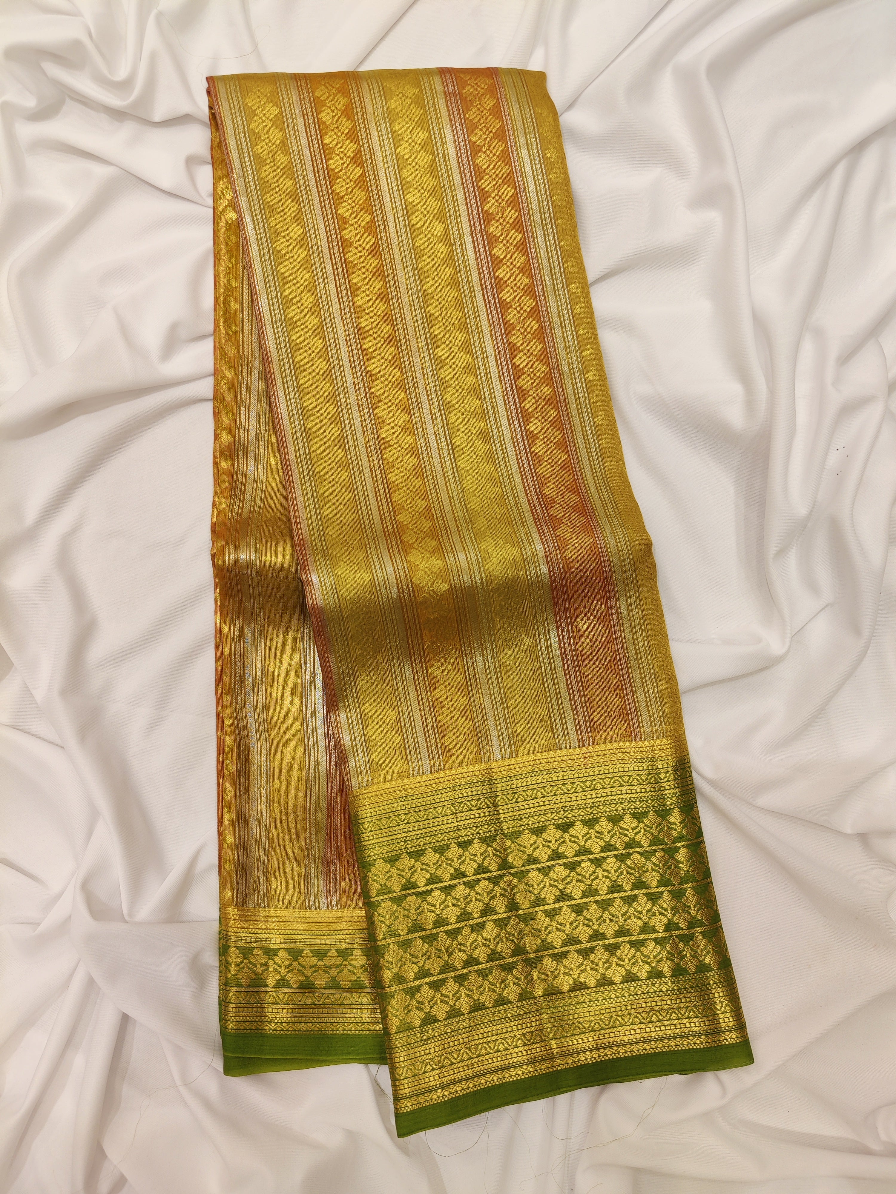 Goldish Green Organza Silk Saree with Designer Border – Elegant Luxury Saree Online - New Sudarshan Silks`