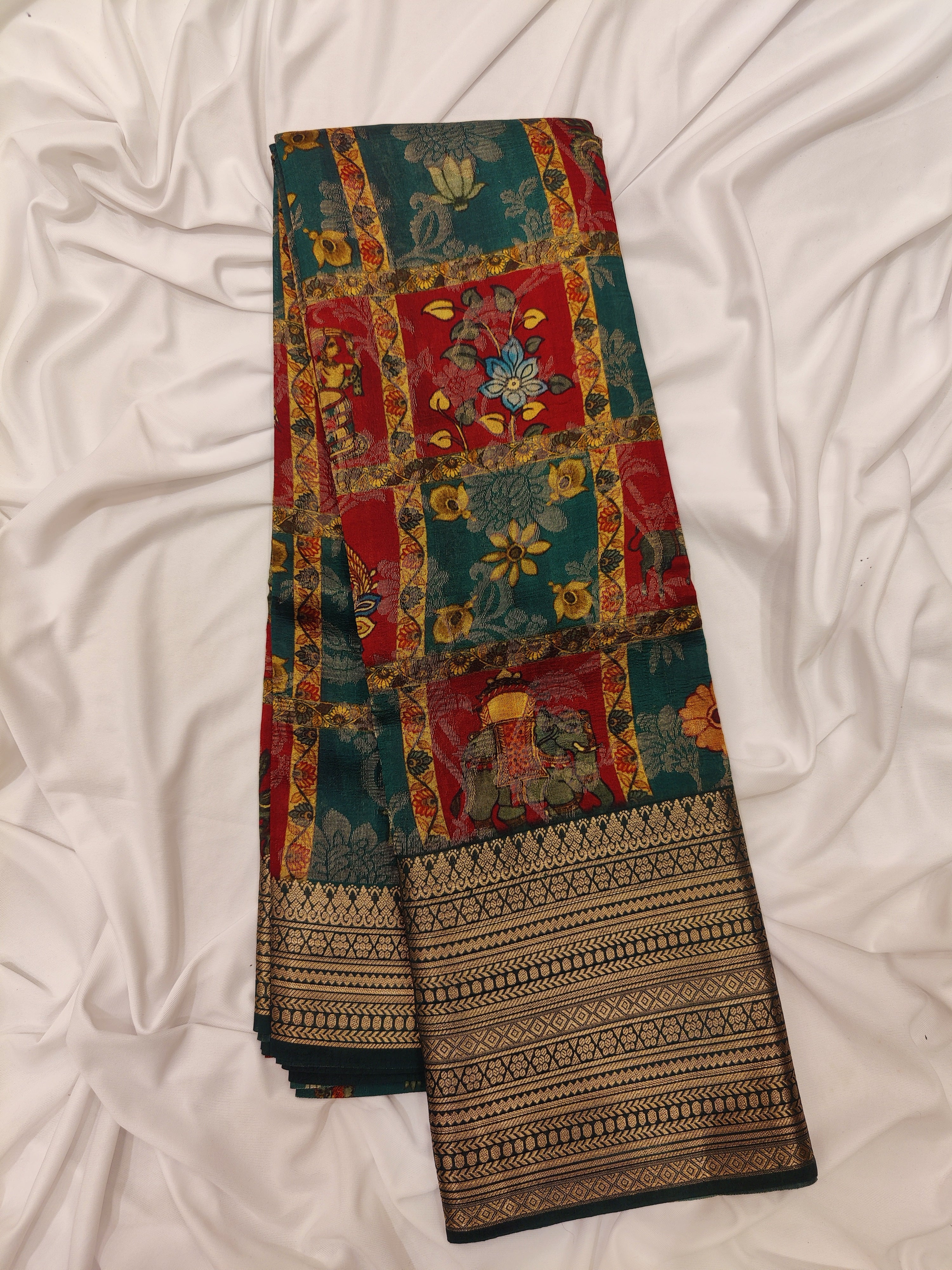 Green Kalamkari Organza Pure Silk Saree with Gold Zari Border – Traditional Handloom Saree Online - New Sudarshan Silks`