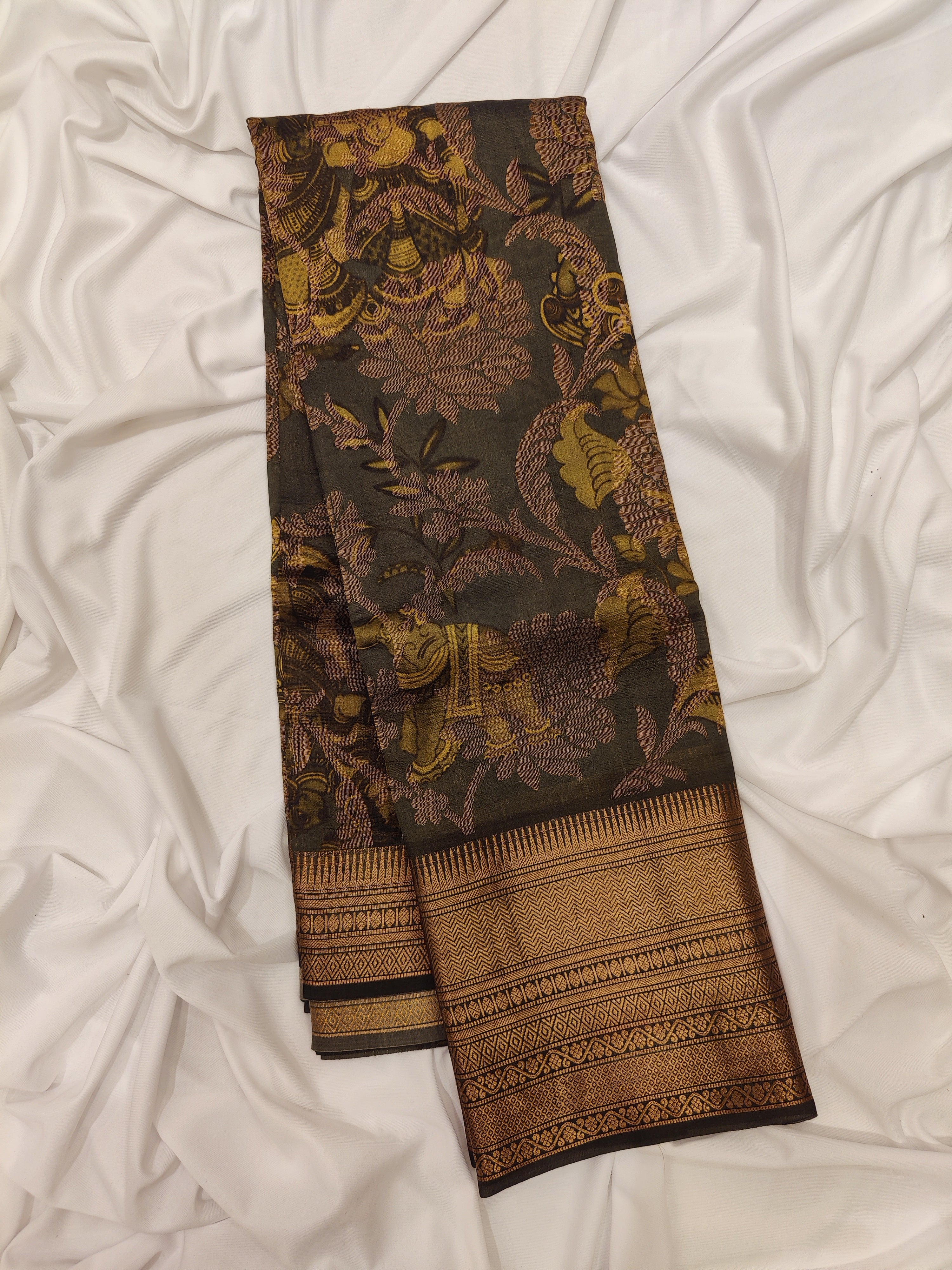 Dark Grey Kalamkari Organza Silk Saree with Copper Zari Border – Artistic Handloom Saree Online - New Sudarshan Silks`