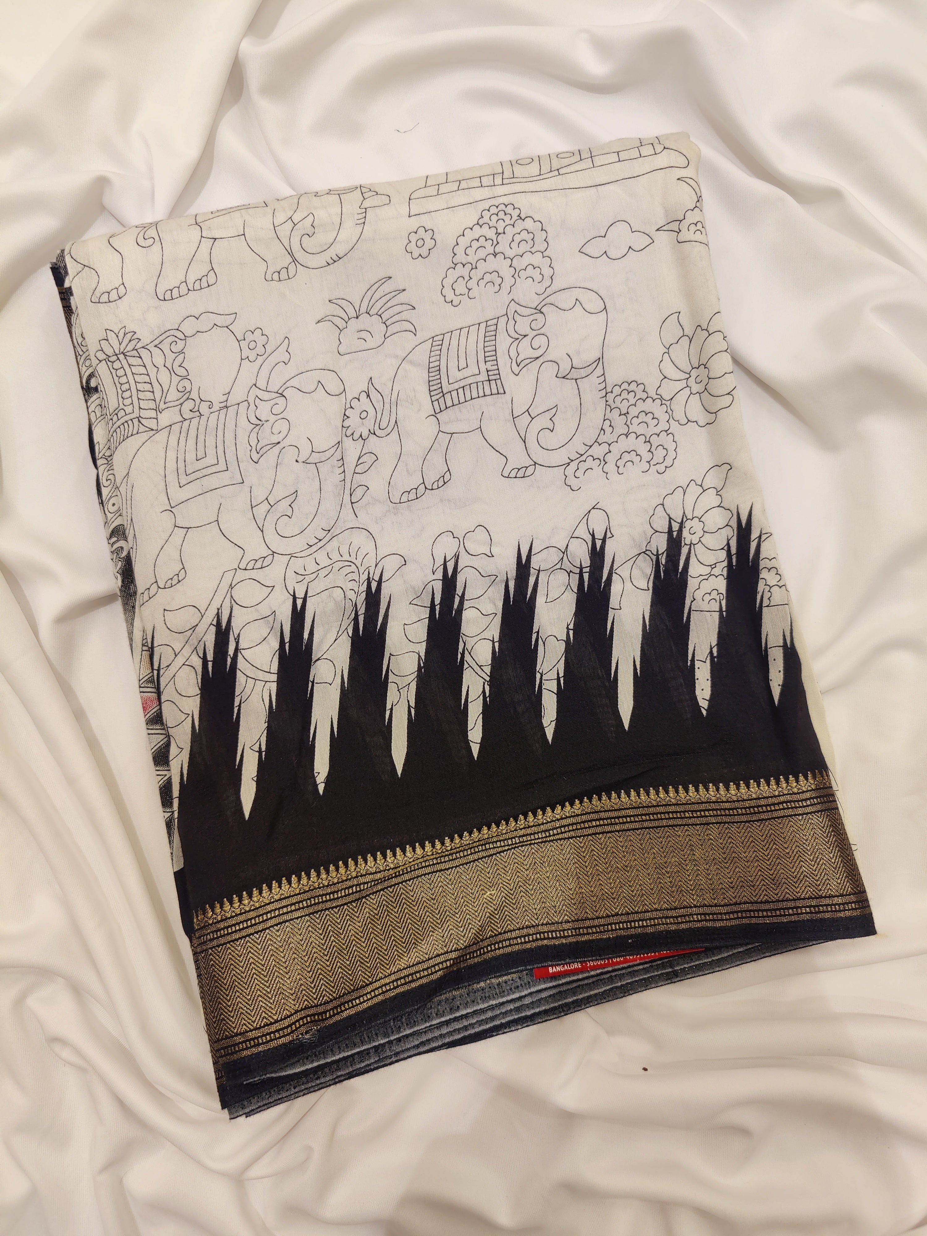White Fancy Saree with Black Border and Kalamkari Outline Print – Contemporary Ethnic Saree Online