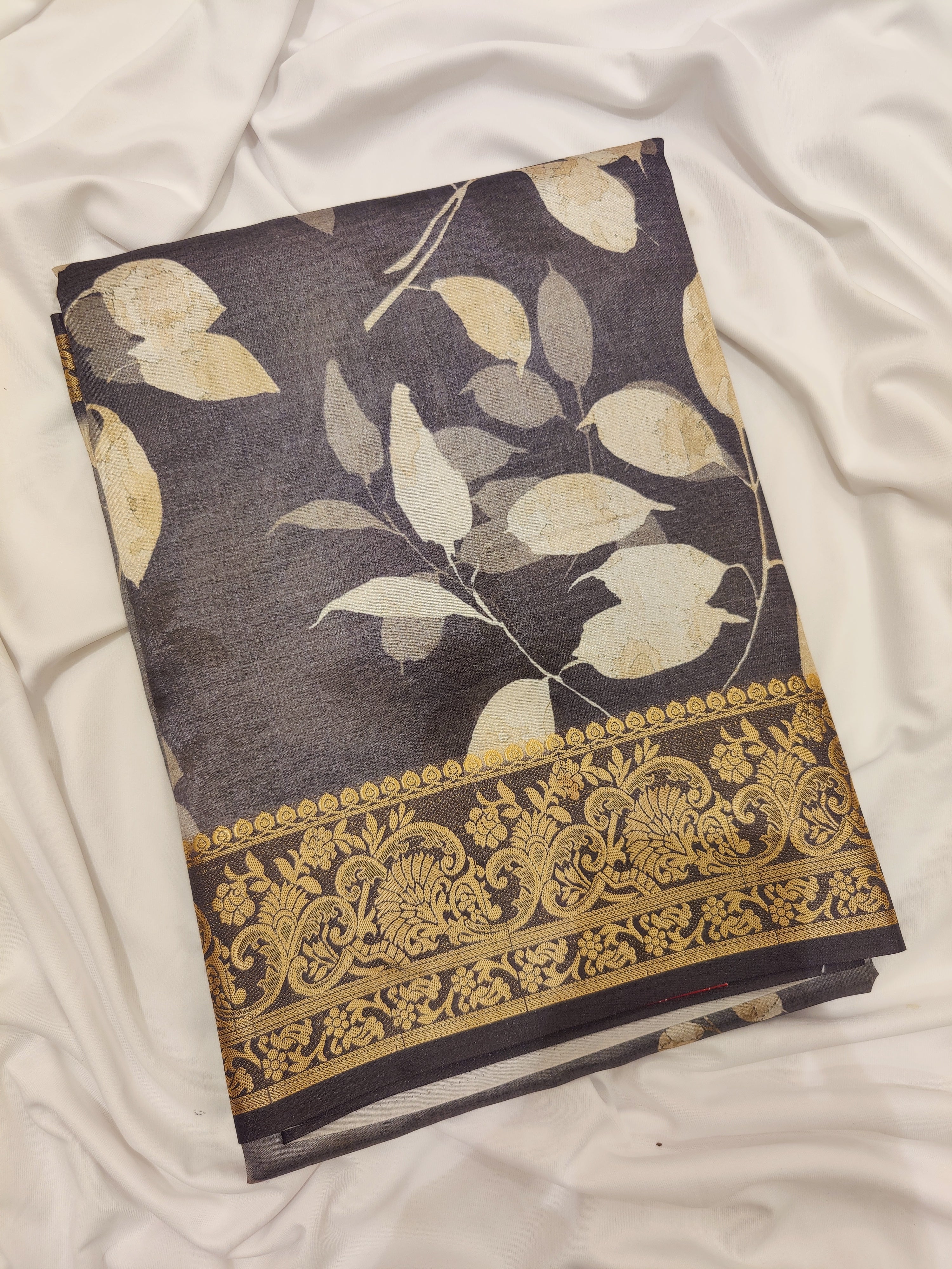 Grey Floral Print Fancy Saree with Copper Border – Stylish Printed Saree Online