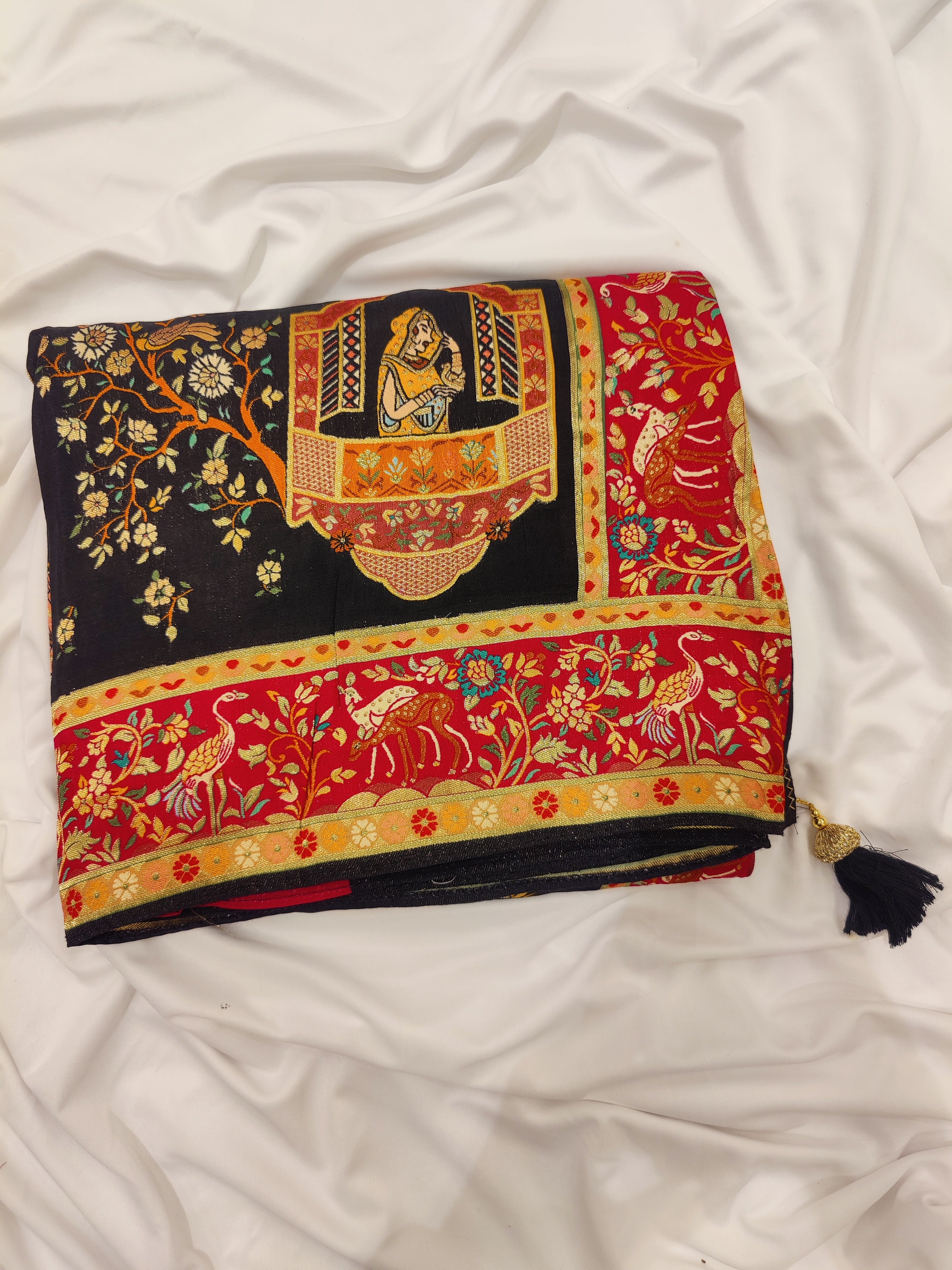Mughal Work Saree with Animal Border and Zari Work – Regal Traditional Saree Online