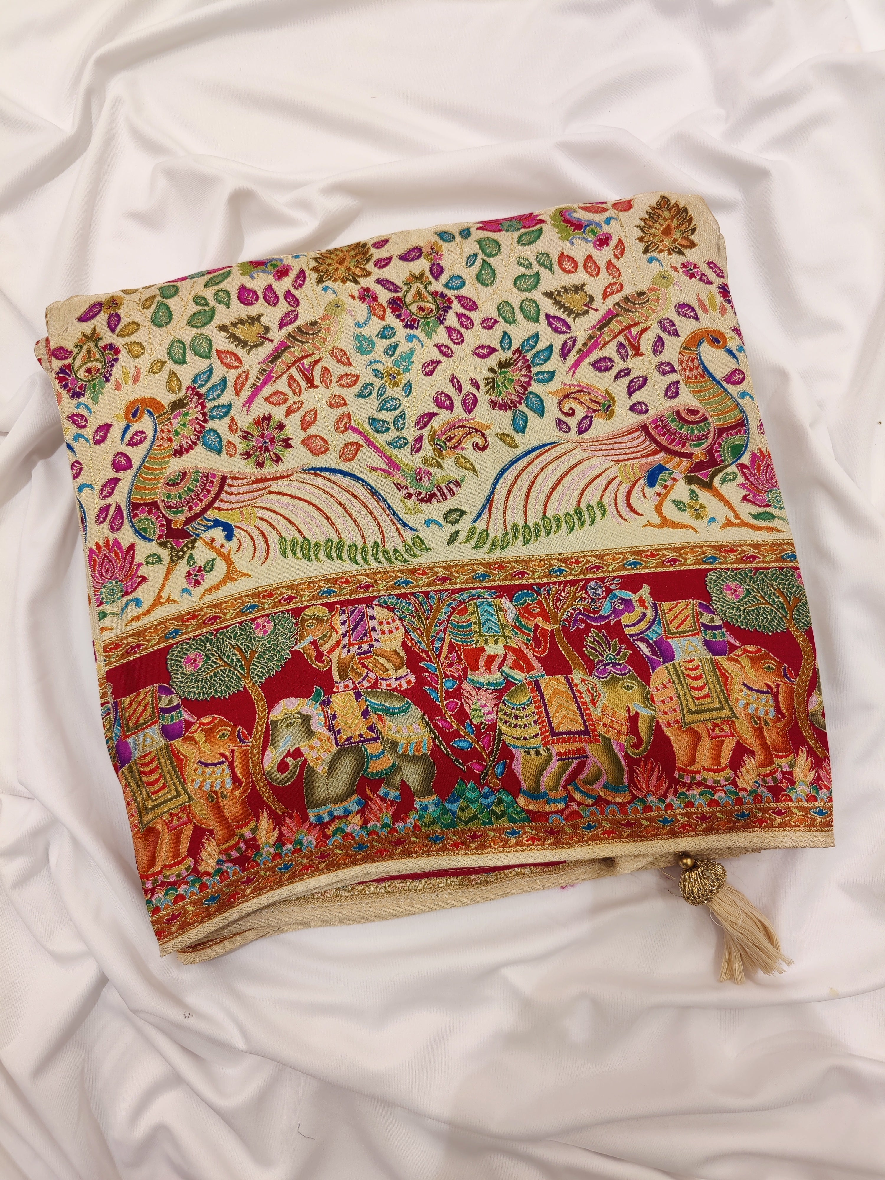 Cream Saree with Animal Border and Full Embroidery Work – Elegant Designer Saree Online