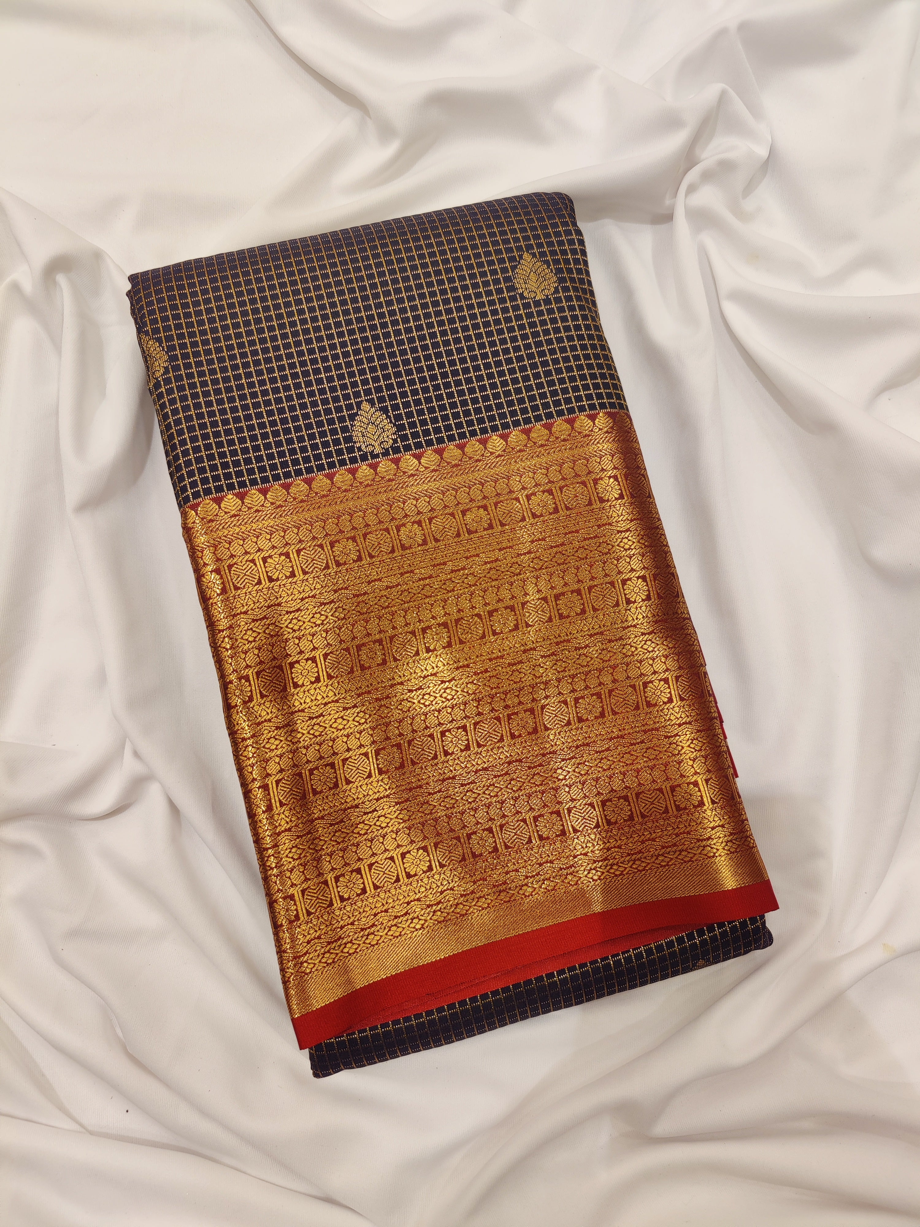 Black Checks Semi Kanchi Saree with Red Border – A Bold Take on Timeless Tradition - New Sudarshan Silks`