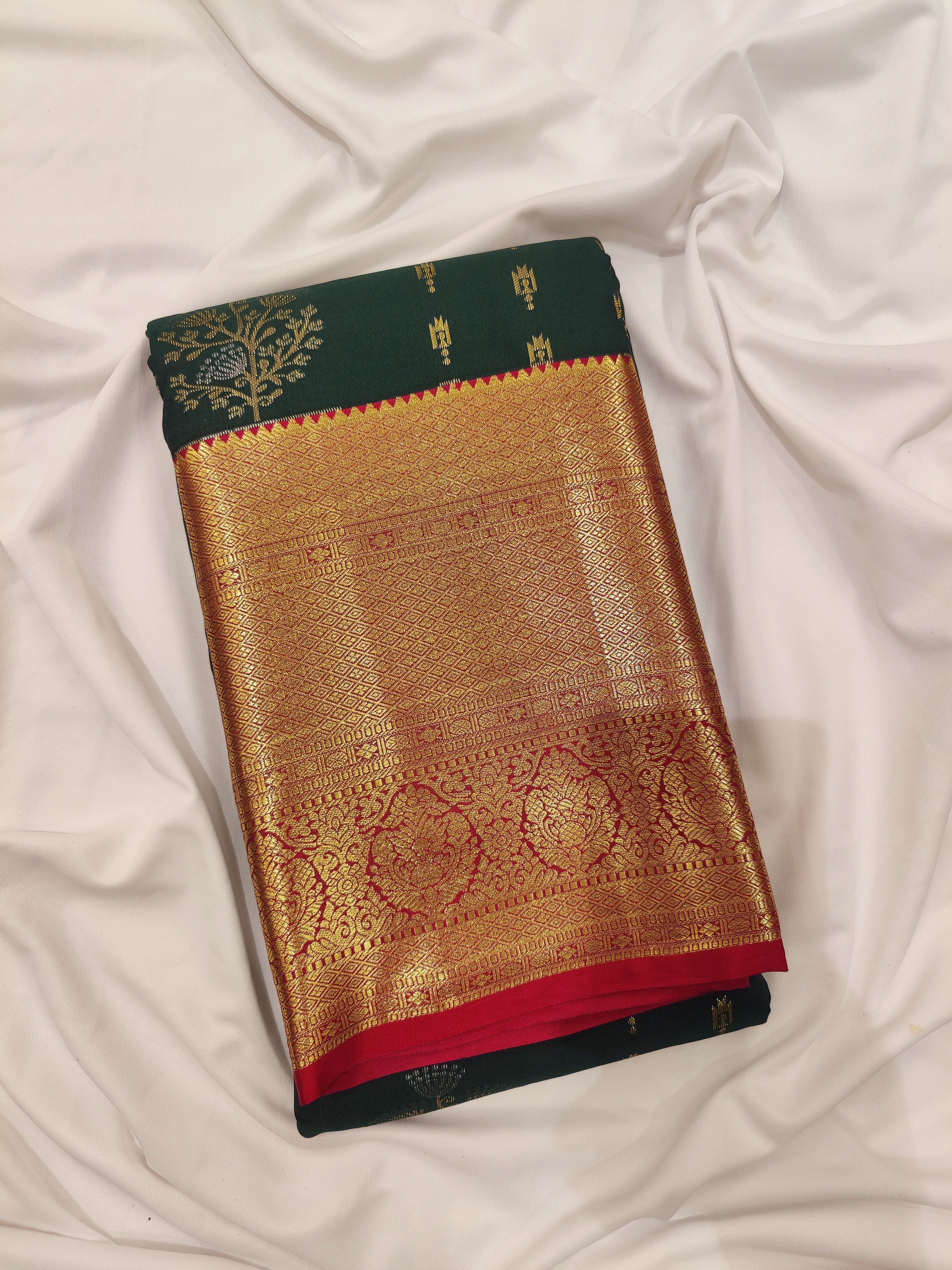 Bottle Green Semi Kanchi Silk Saree with Red Border – Grand Traditional Elegance - New Sudarshan Silks`