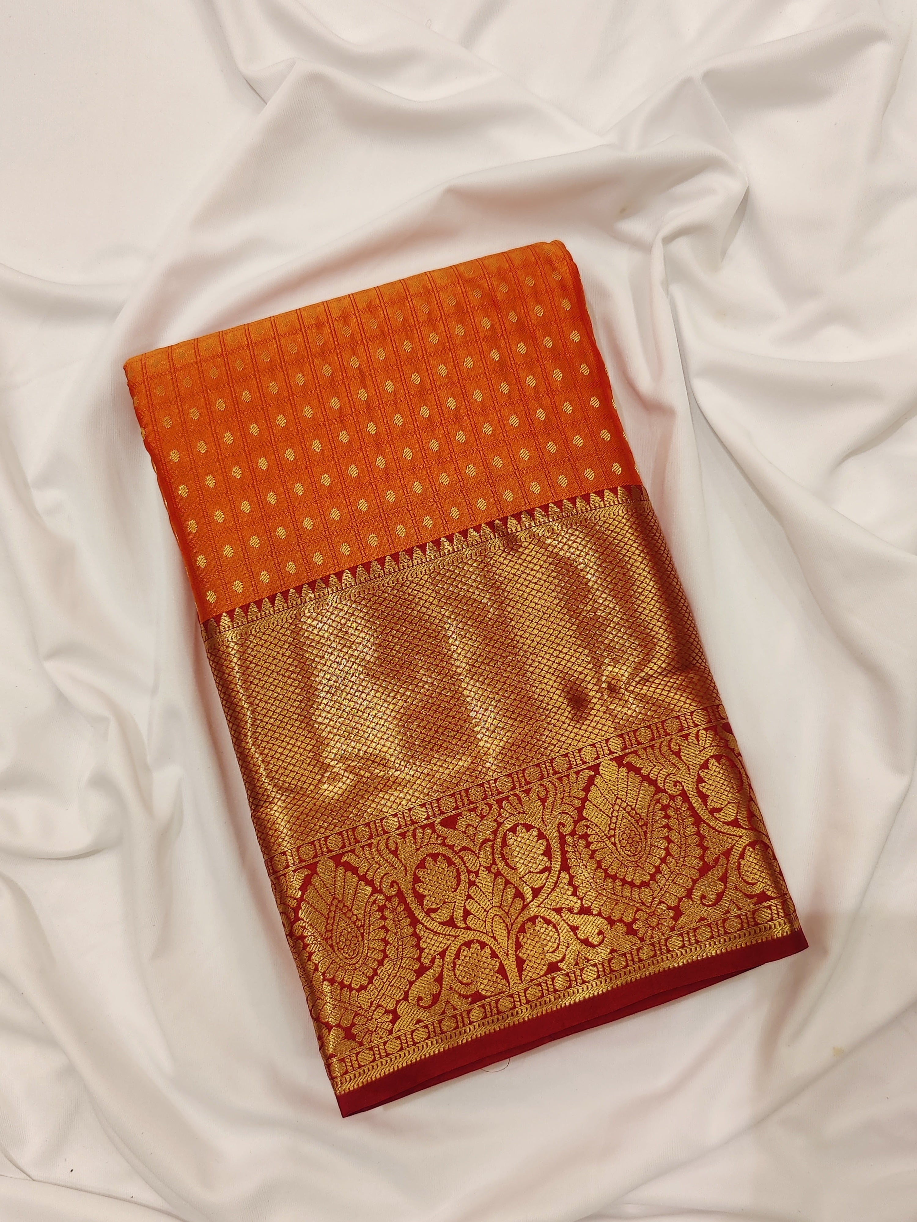 Orange and Red Semi Kanchi Silk Saree with 1000 Butta Design – Traditional Grandeur - New Sudarshan Silks`