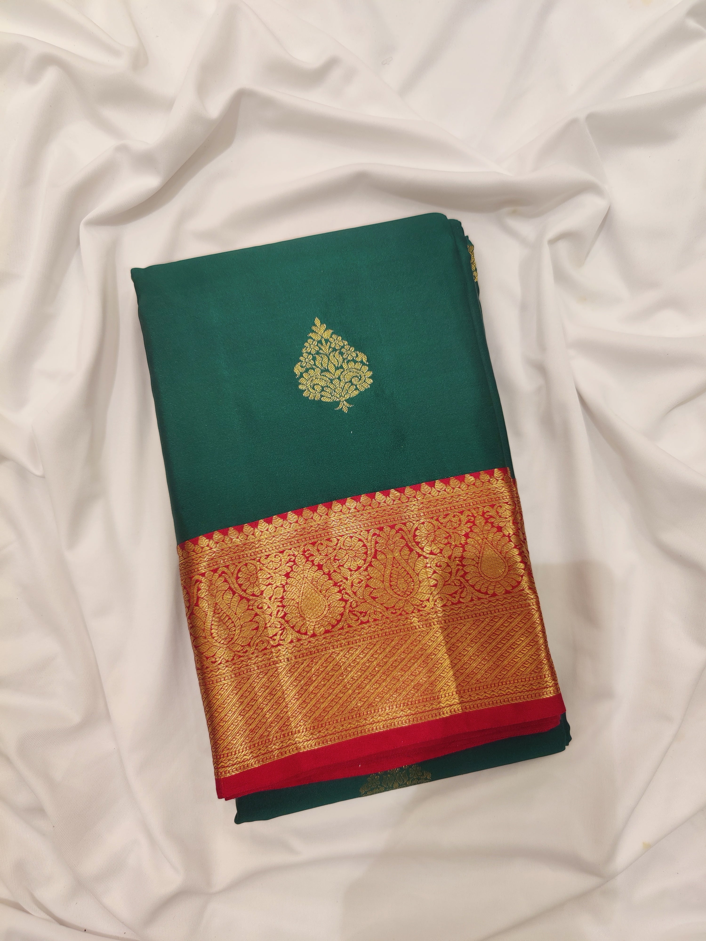 Bottle Green Semi Silk Saree with Red Border – Traditional Charm and Grace - New Sudarshan Silks`