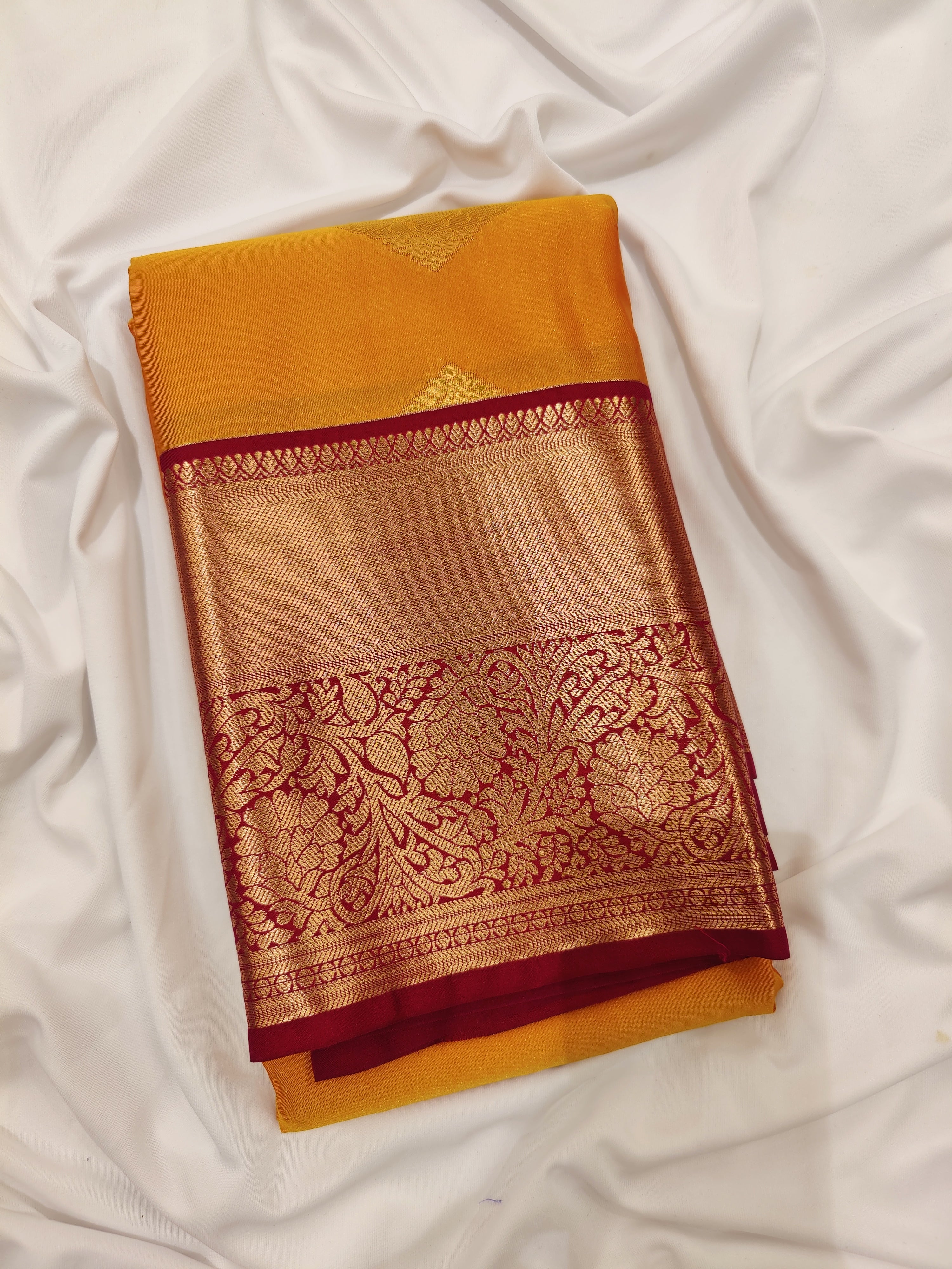 Mustard Yellow Saree with Maroon Red Border – Traditional Charm - New Sudarshan Silks`