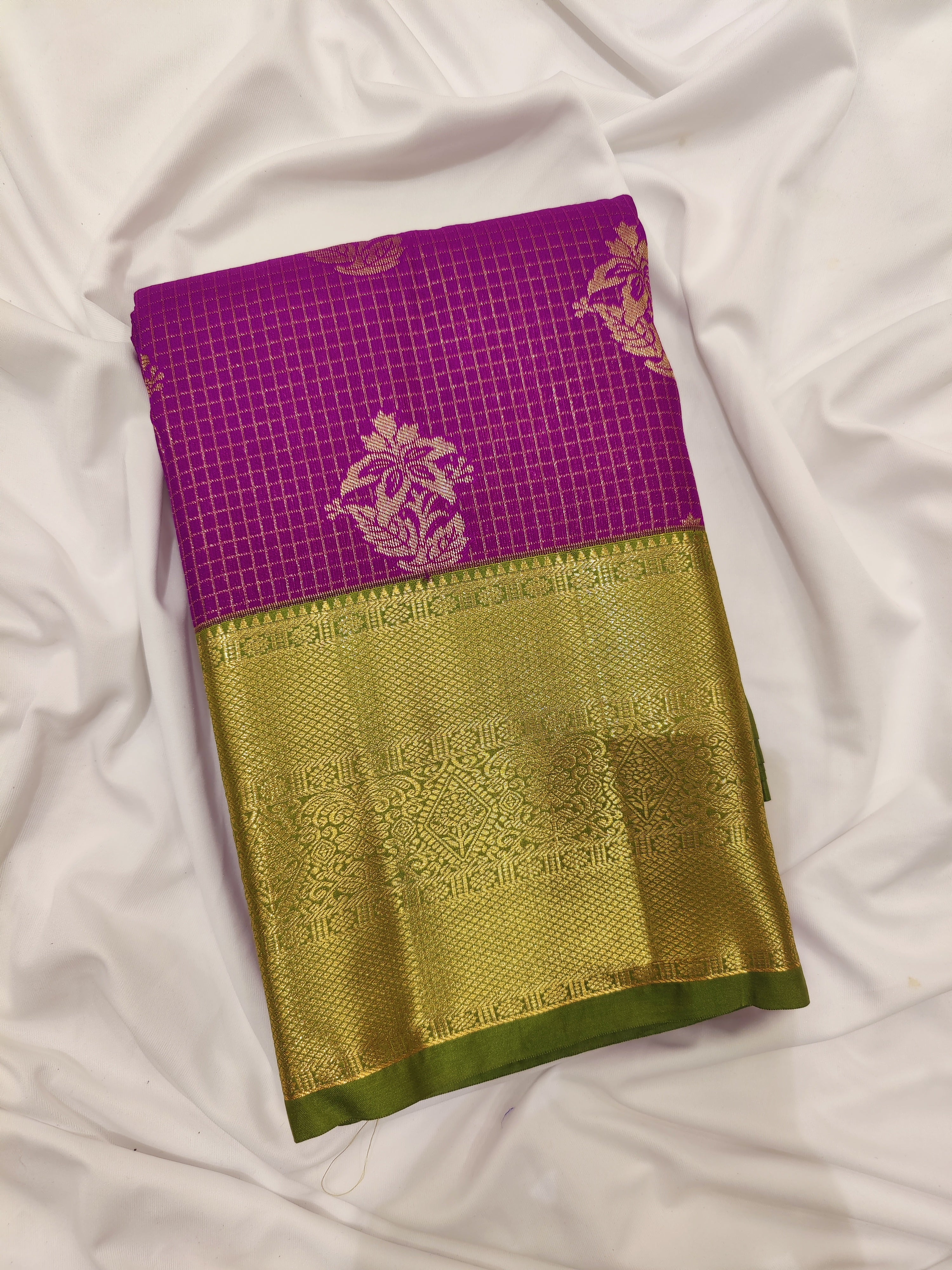 Purple Checks Saree with Green Border – New Arrival
