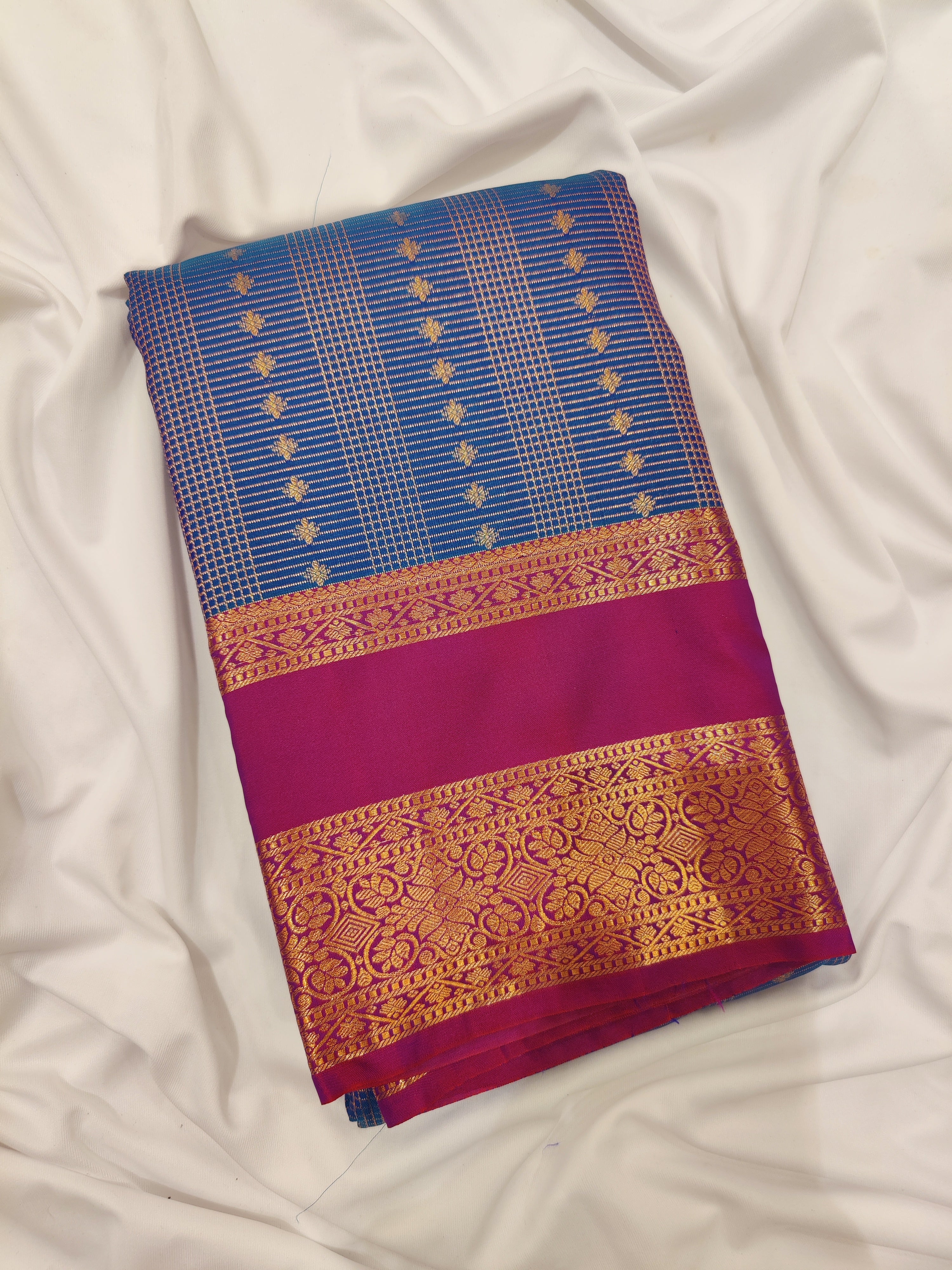 Blue Checks Saree with Zari Work and Purple Double Shade Border – Graceful Heritage Look - New Sudarshan Silks`