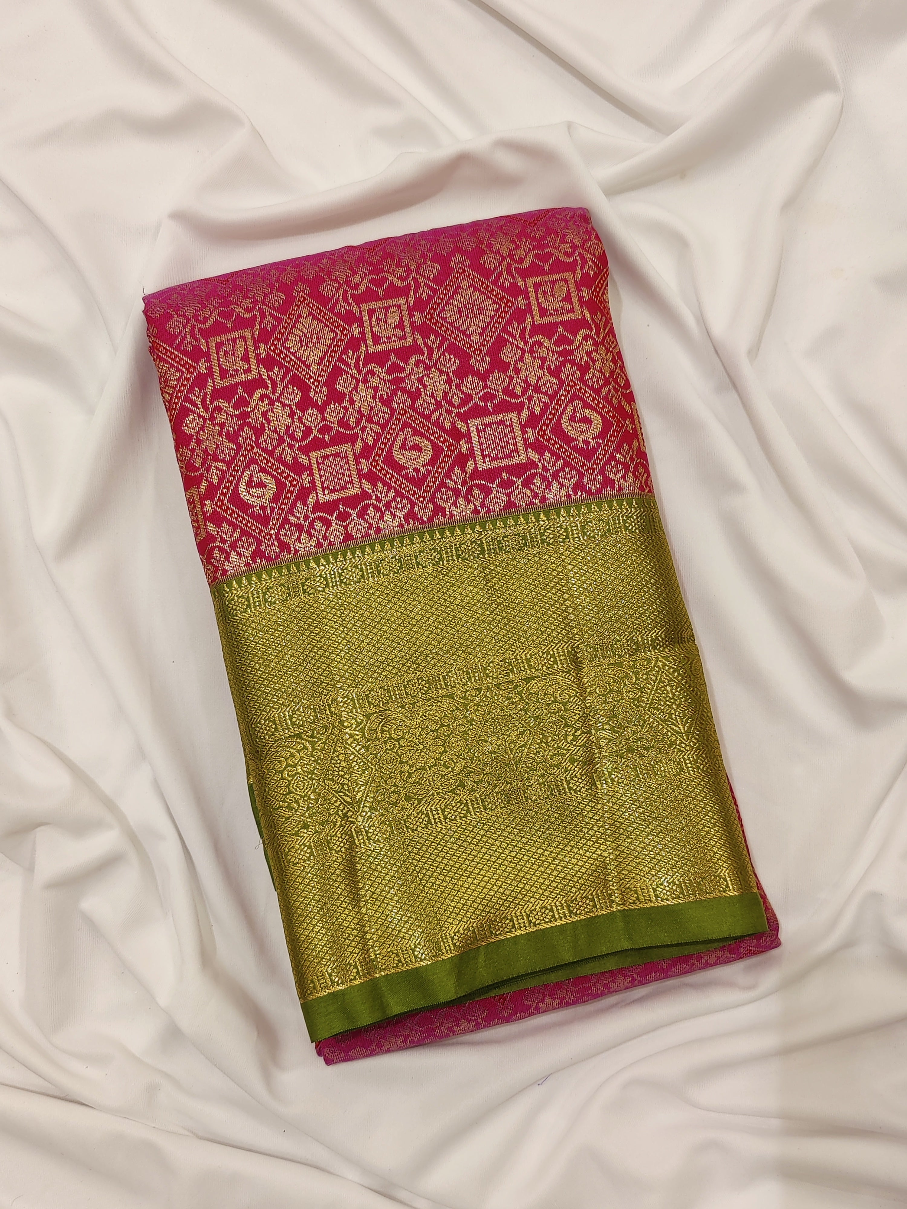 Pink Semi Silk Brocade Saree with Green Border