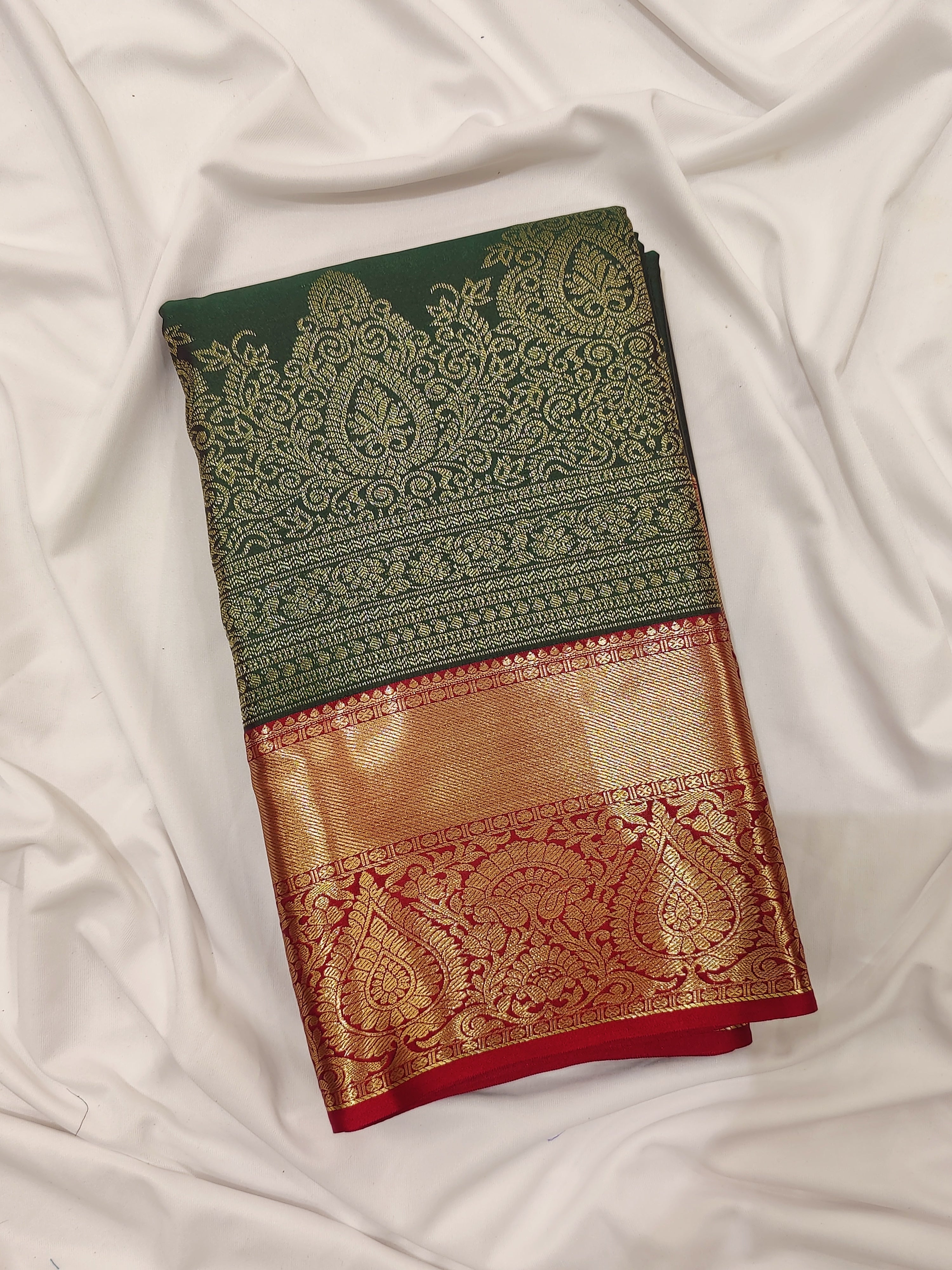 Bottle Green Semi Silk Saree with Maroonish Red Border – Elegant & Ethnic - New Sudarshan Silks`