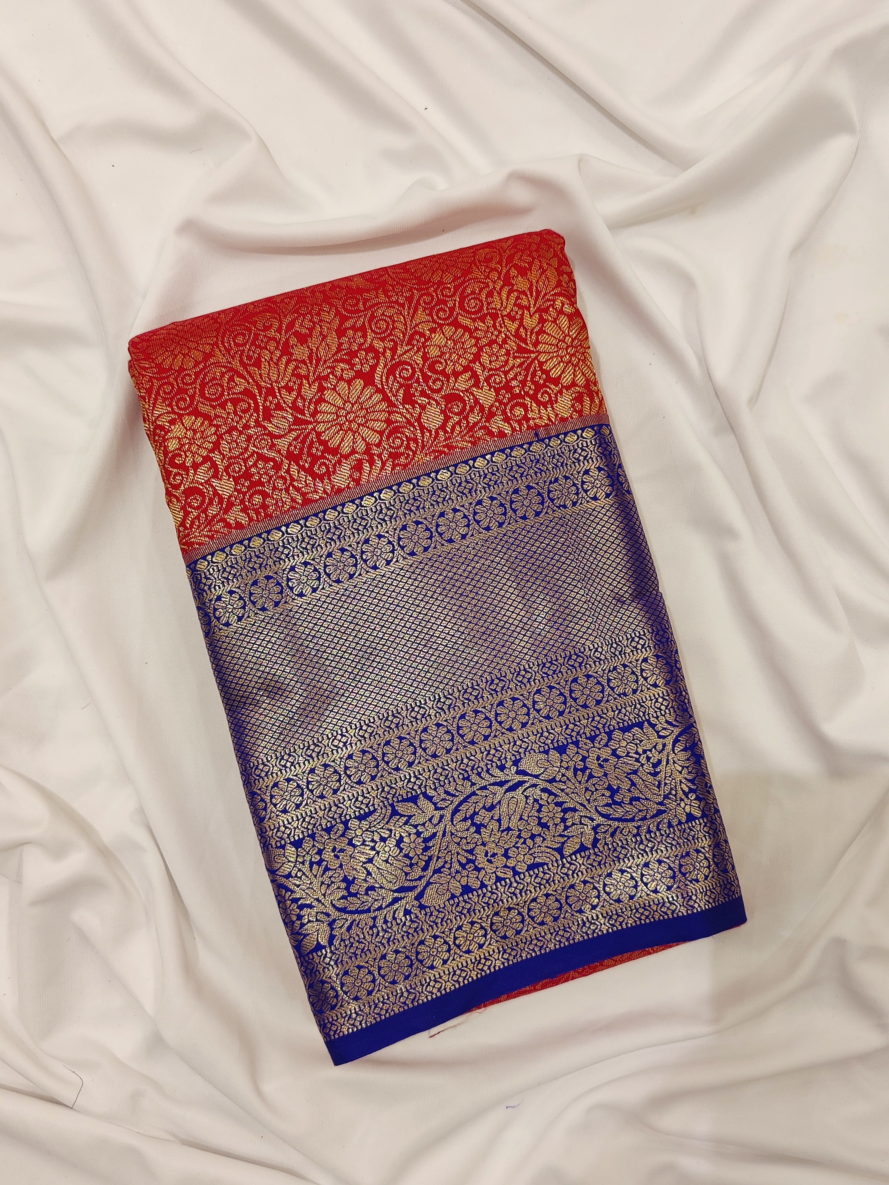 Red Brocade Saree with Bluish Purple Border – Grand Look