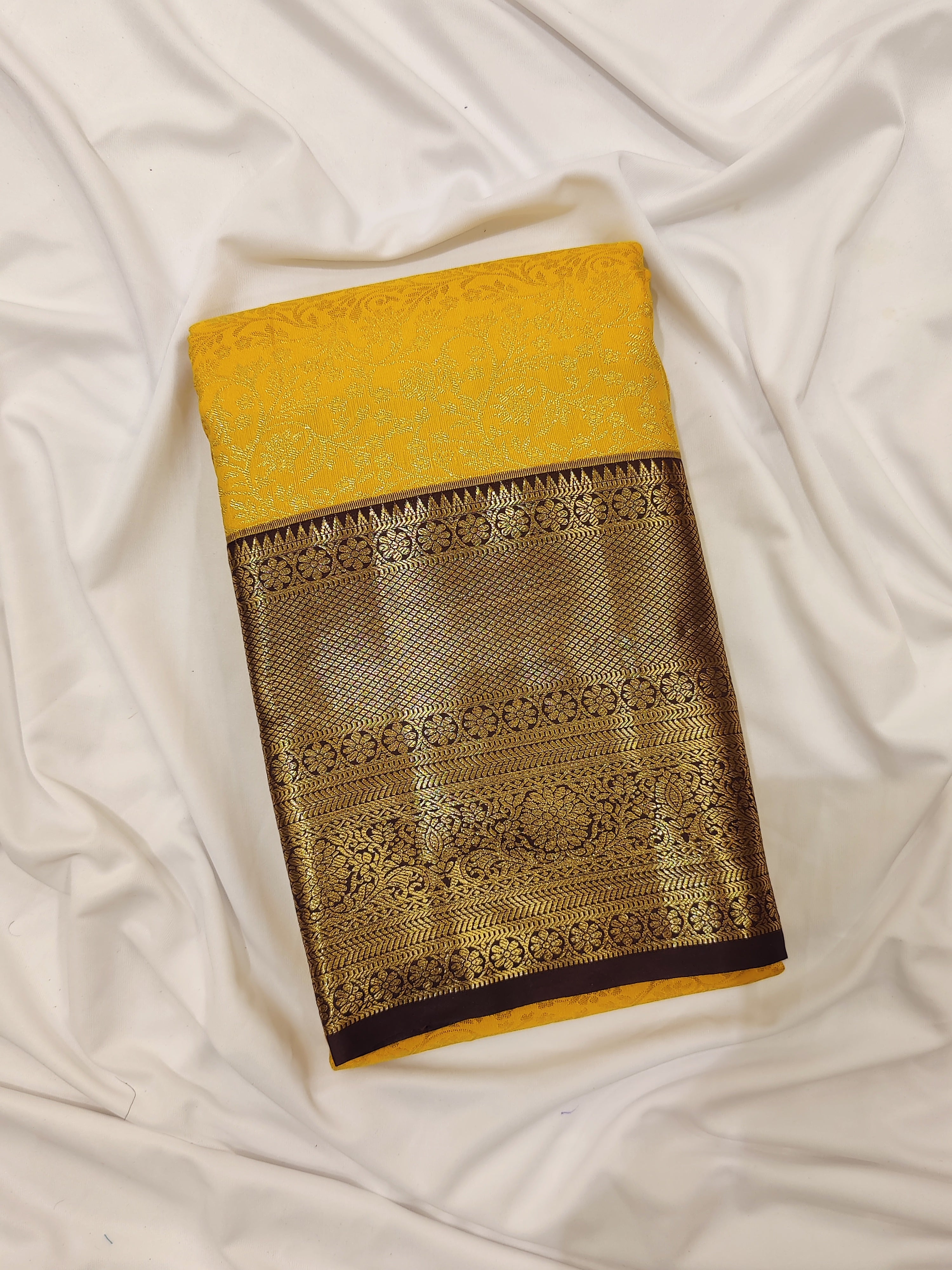 Yellow Brocade Saree with Brown Border – Retro Style - New Sudarshan Silks`