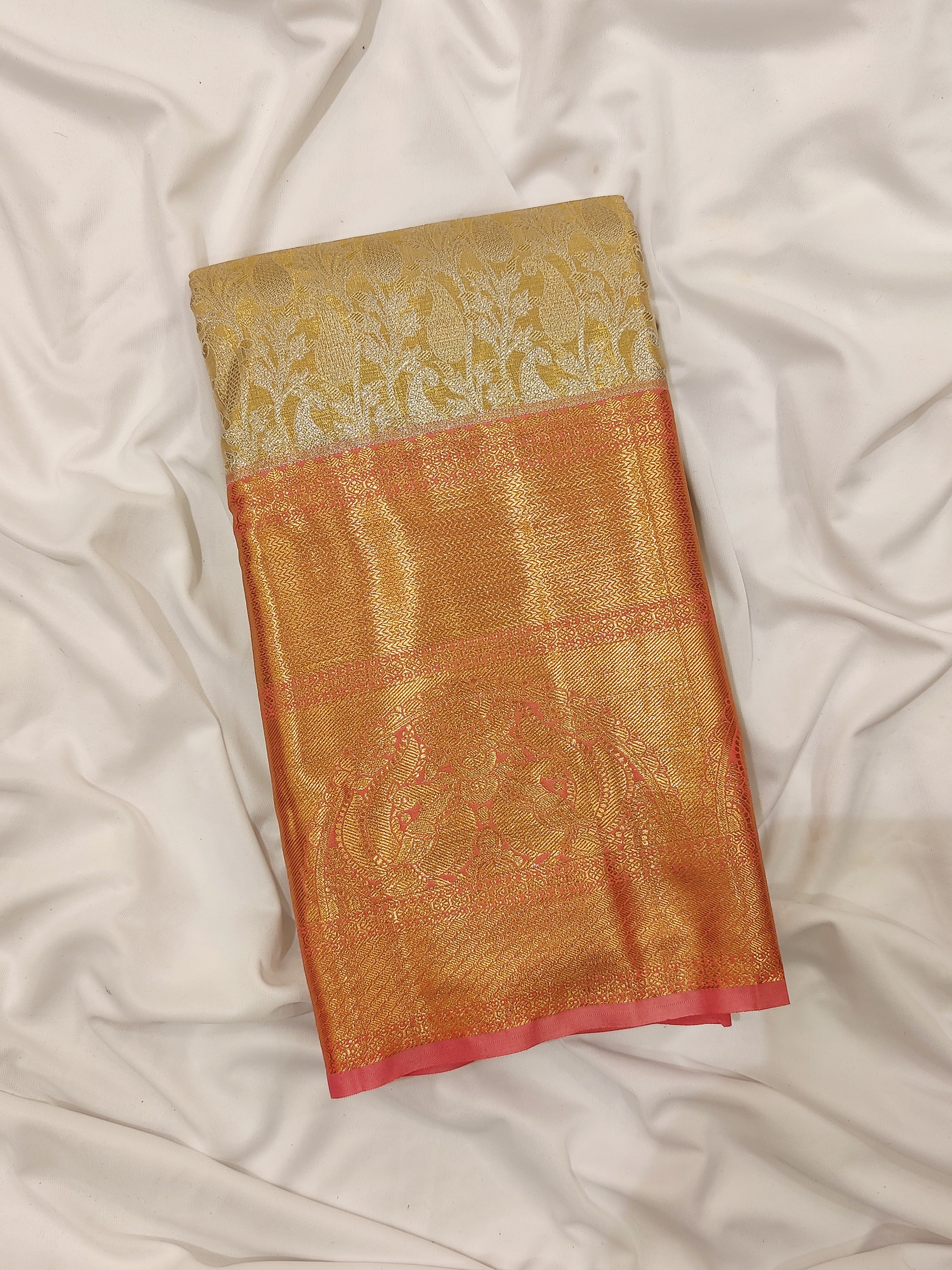 Goldish Cream with Peach Border – Fancy Wedding Wear Saree