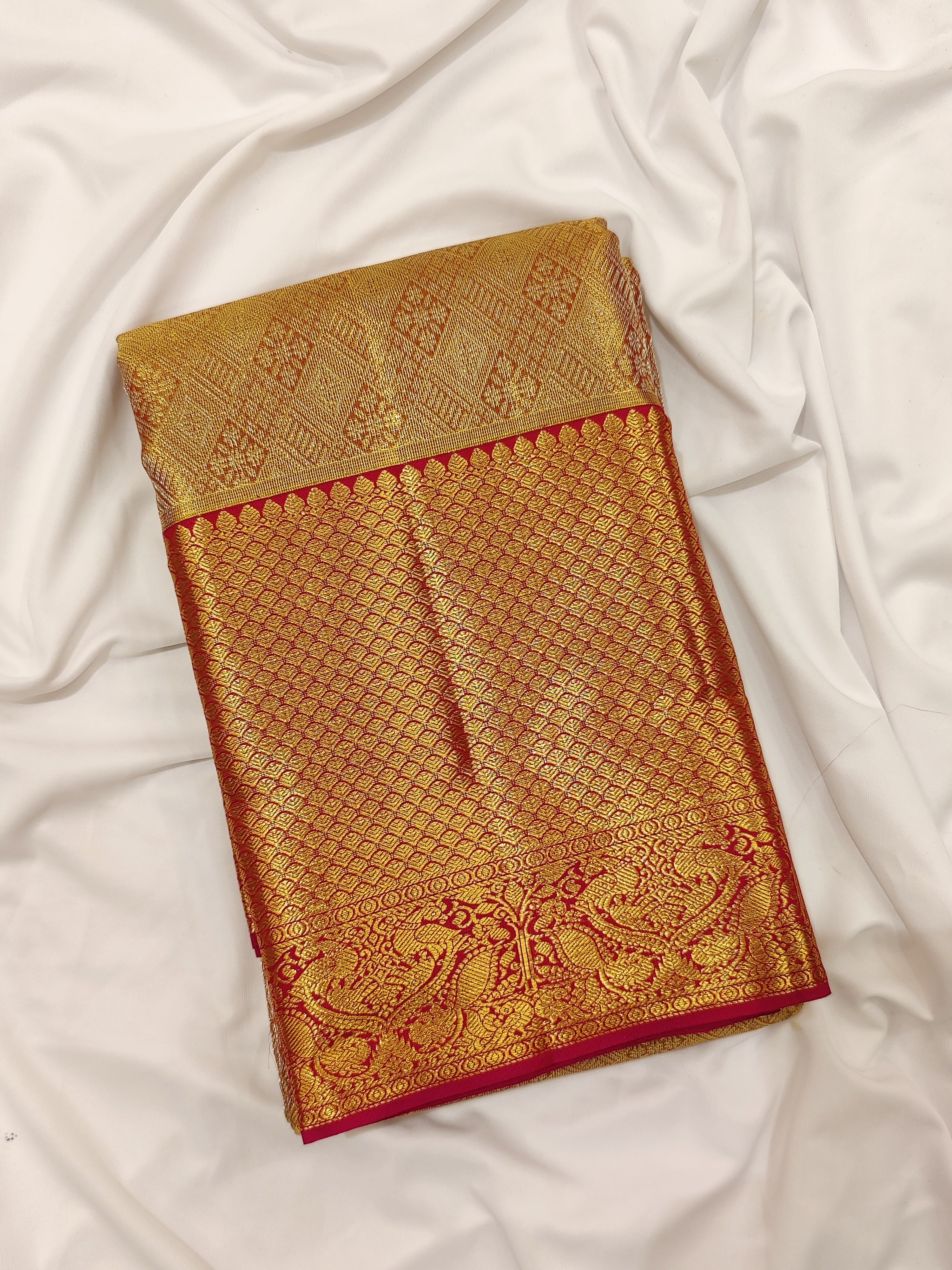 Goldish Orange Semi Tissue Silk Saree with Pink Border – Grand Look