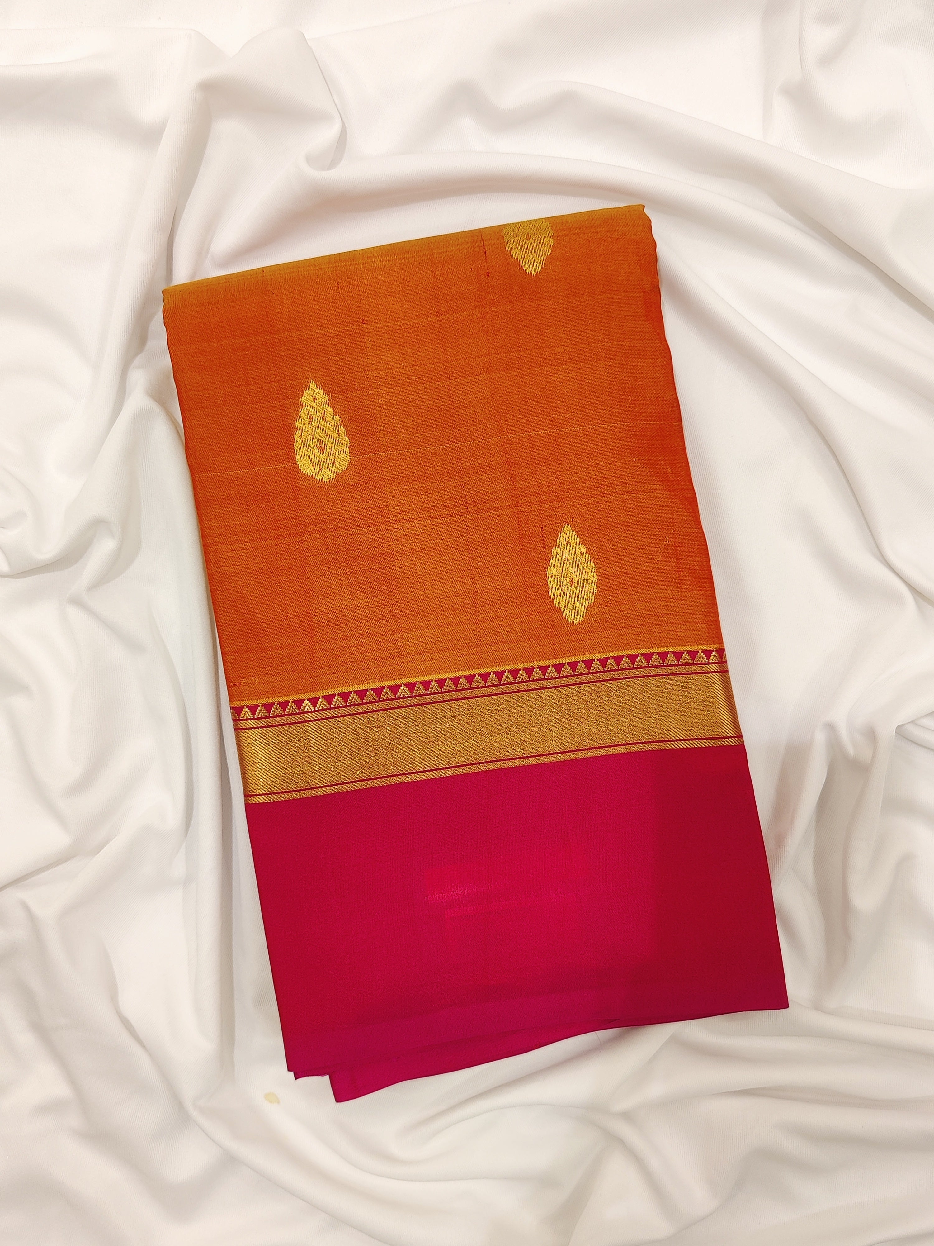 Mustard Yellow Double Shade Silk Saree with Zari Butta and Pink Border - New Sudarshan Silks`