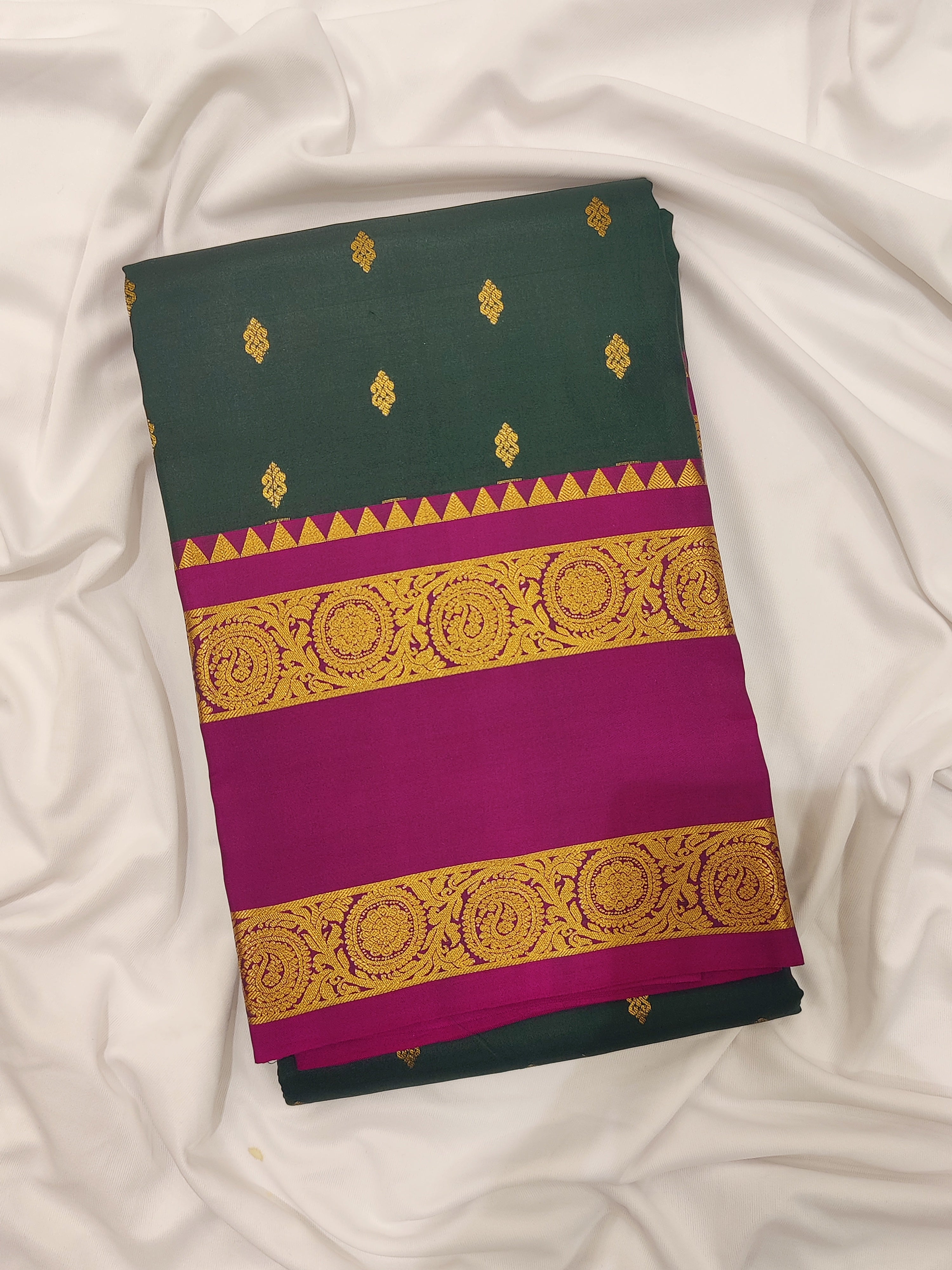 Bottle Green Silk Saree with Zari Butta and Magenta Pink Border – Elegant Kanjivaram Style - New Sudarshan Silks`