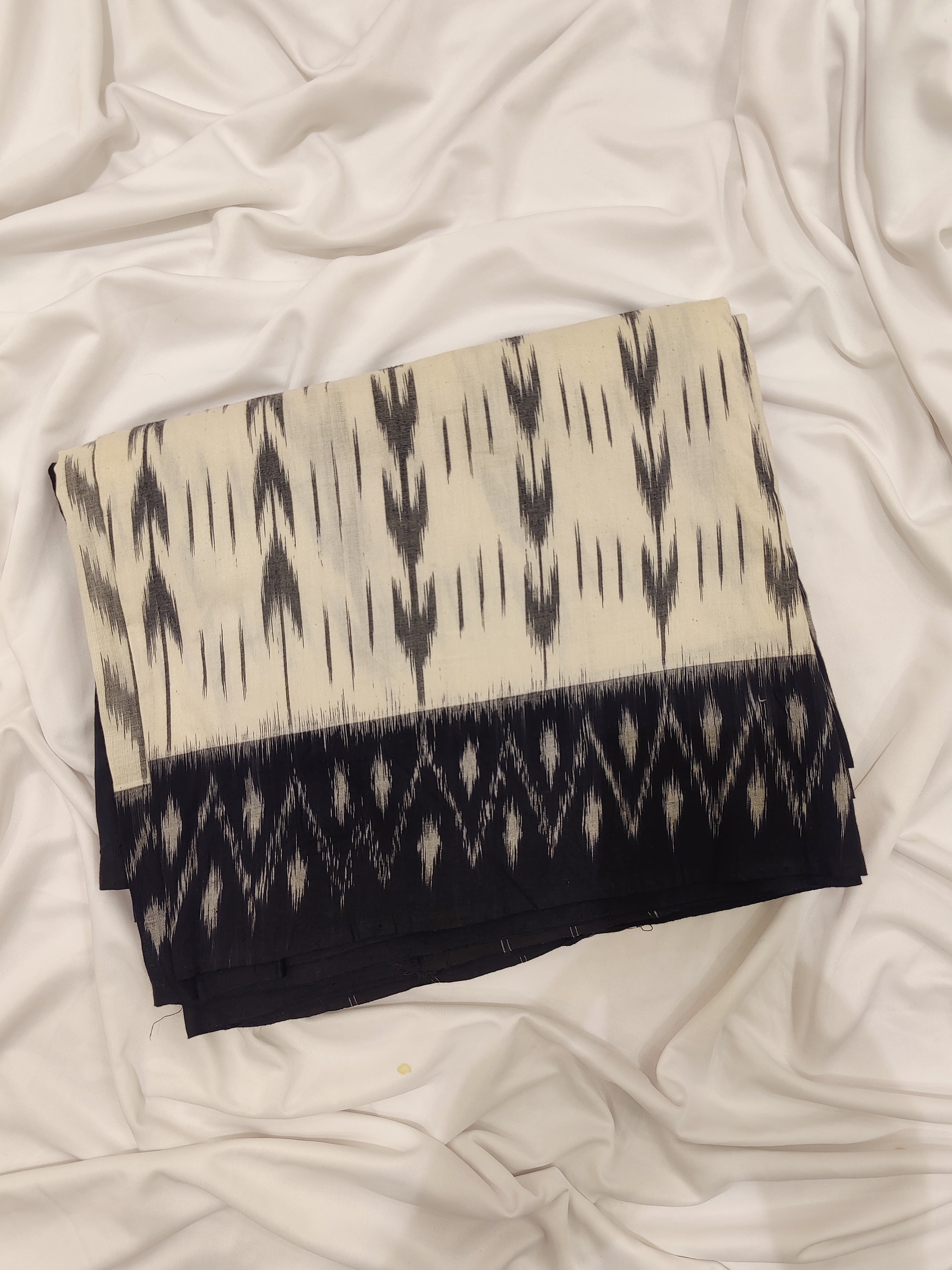 Chic White Pochampalli Cotton Saree with Ikat Design & Black Border