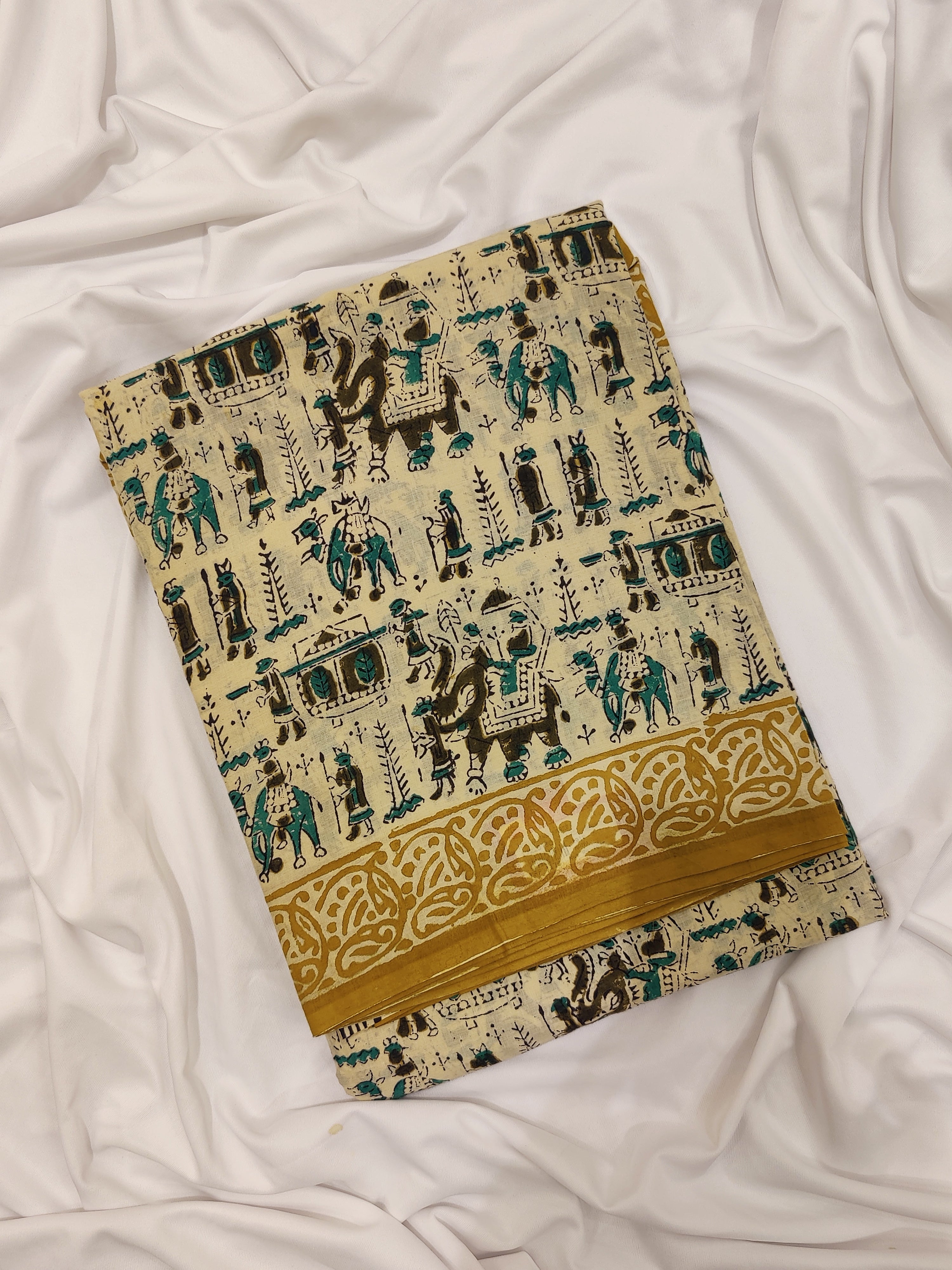Charming Cream Cotton Saree with Elephant Design & Mustard Border