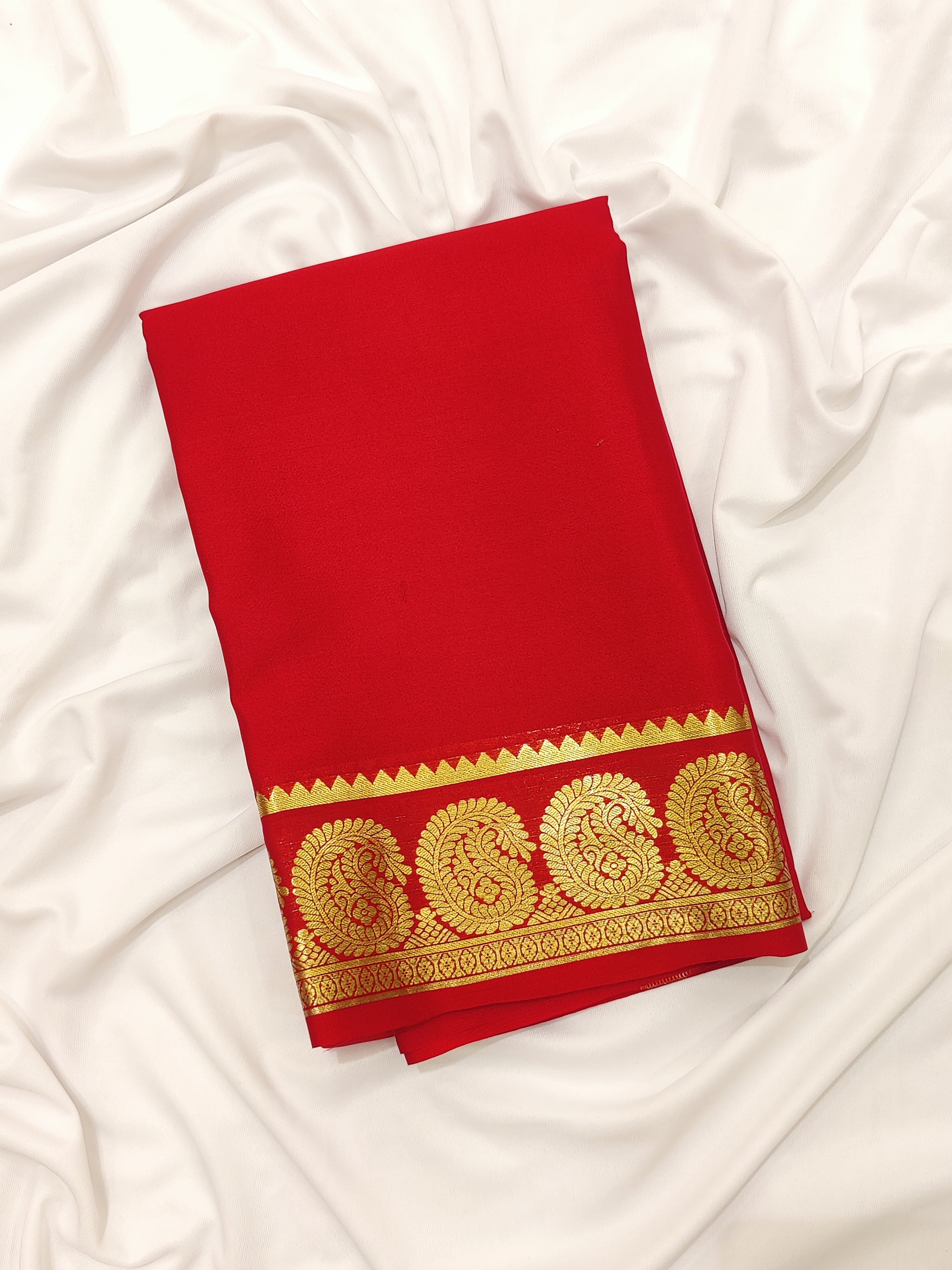 Red Mysore Silk Saree with Mango Border – Shop Online
