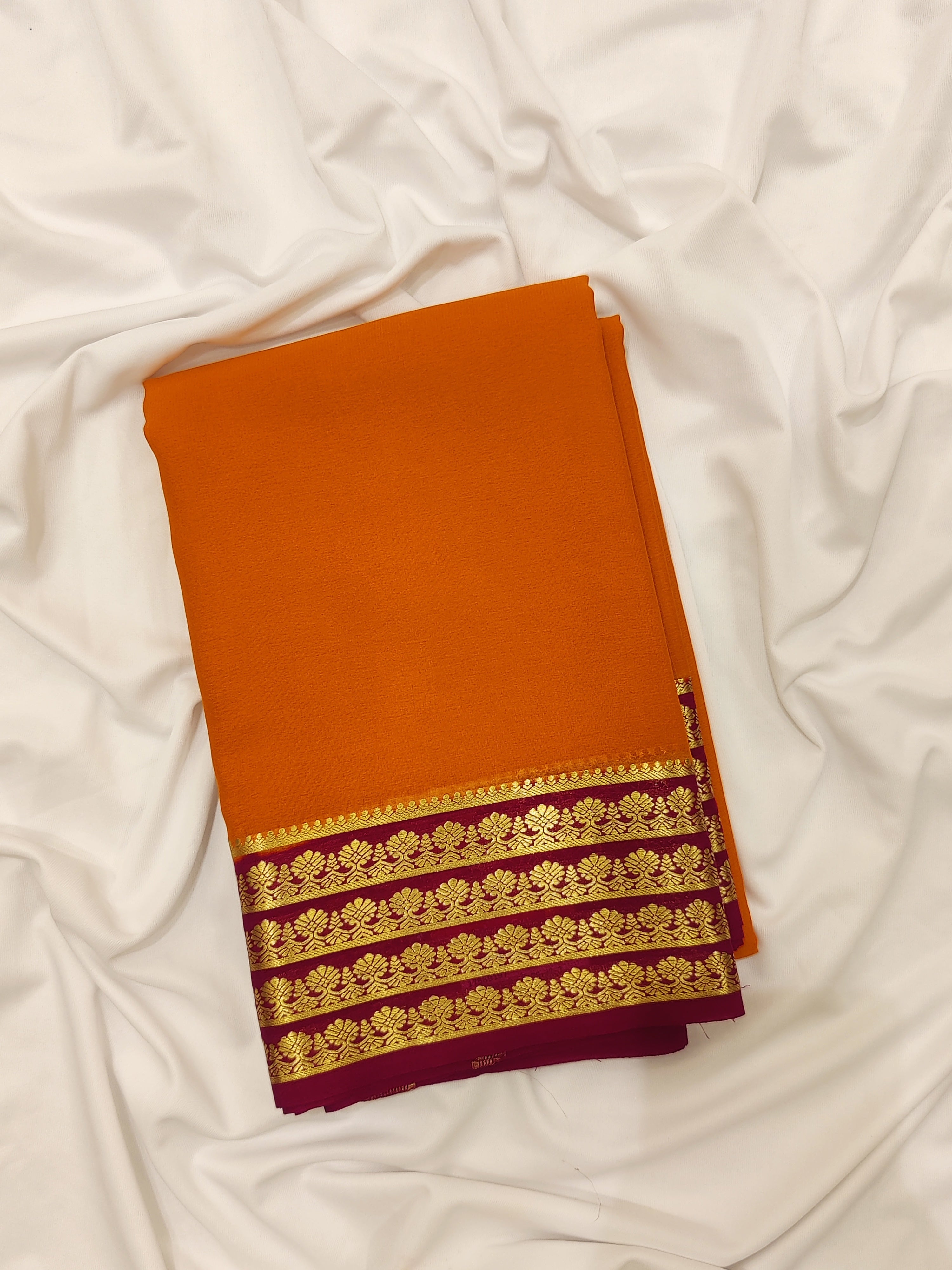Mustard Yellow Mysore Silk Saree with Majenta Pink Zari Lines Border