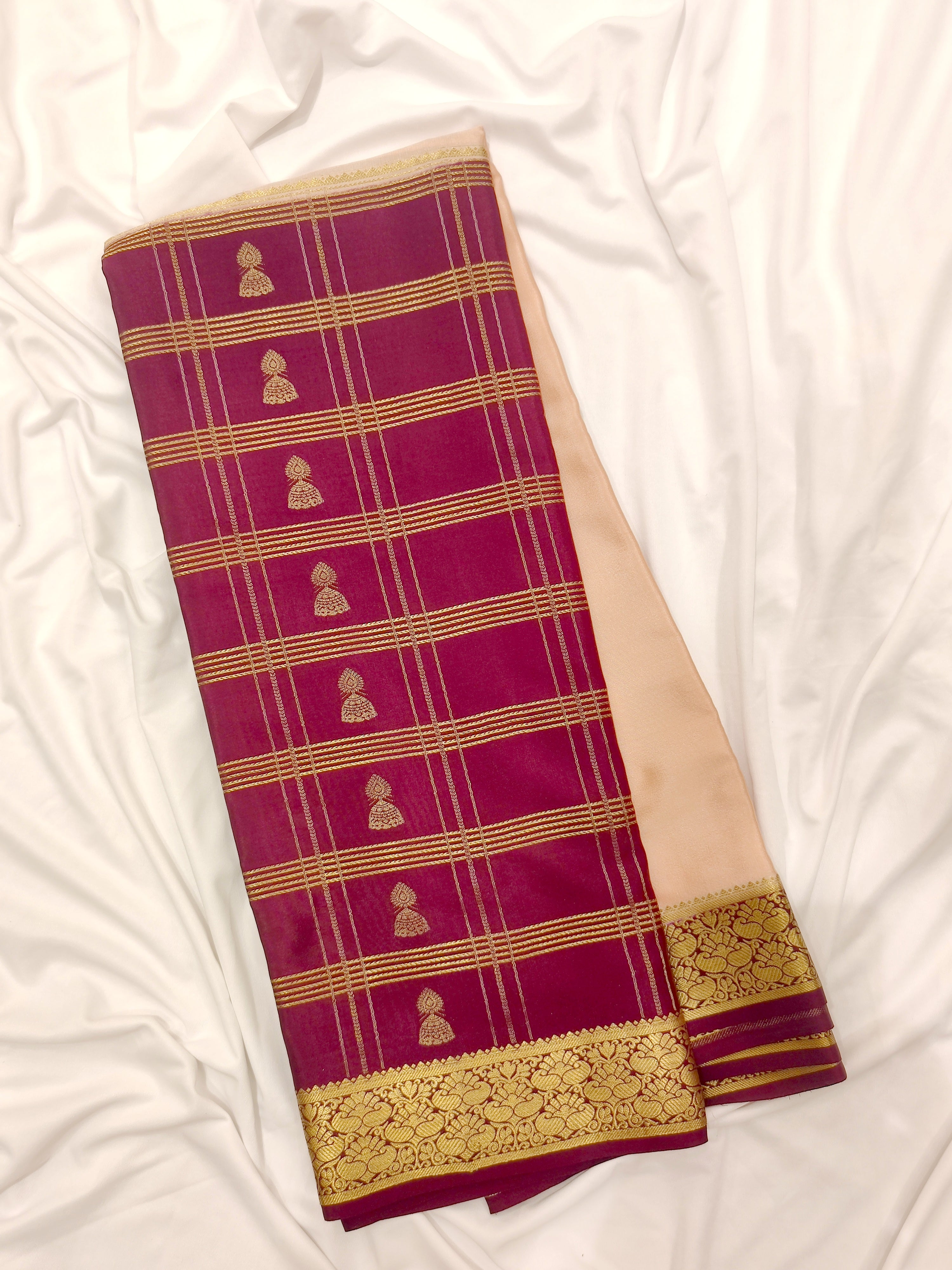 Half-and-Half Maroon Mysore Silk Saree with Peach Jhumka Design