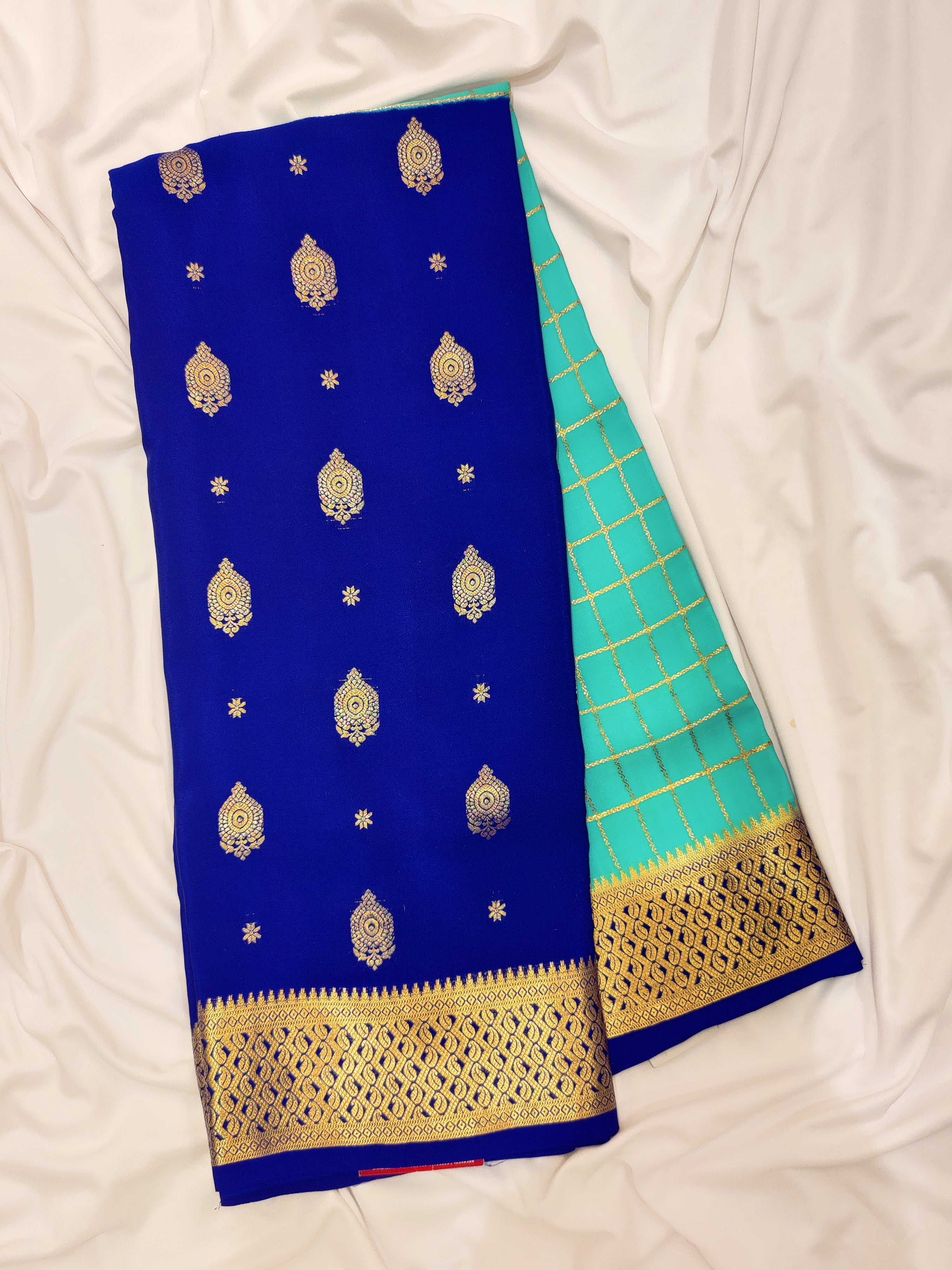 Half-and-Half Sky Blue Mysore Silk Saree with Ink Blue Checks