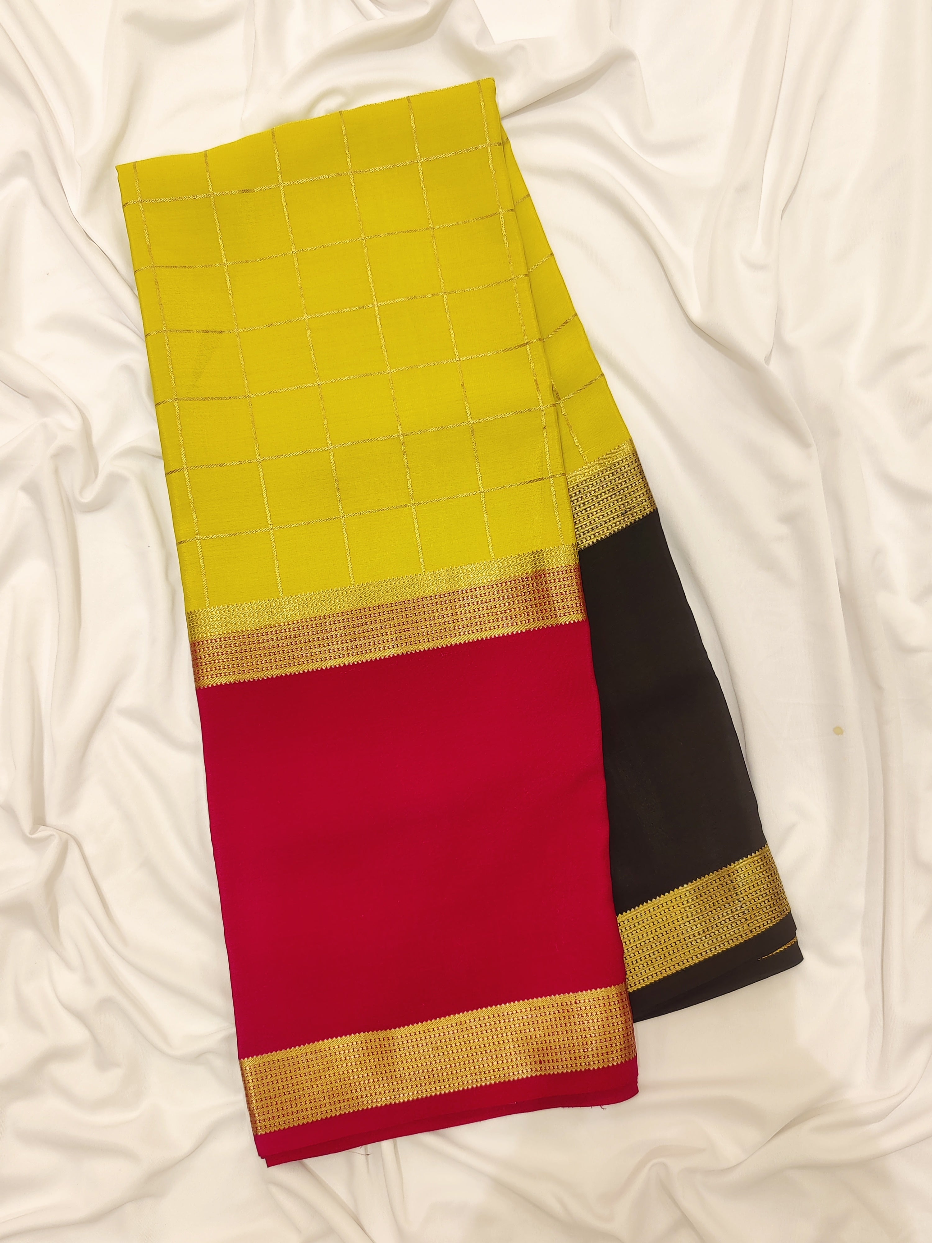 3D Mysore Silk Saree in Pink, Yellow & Black – Rare Edition
