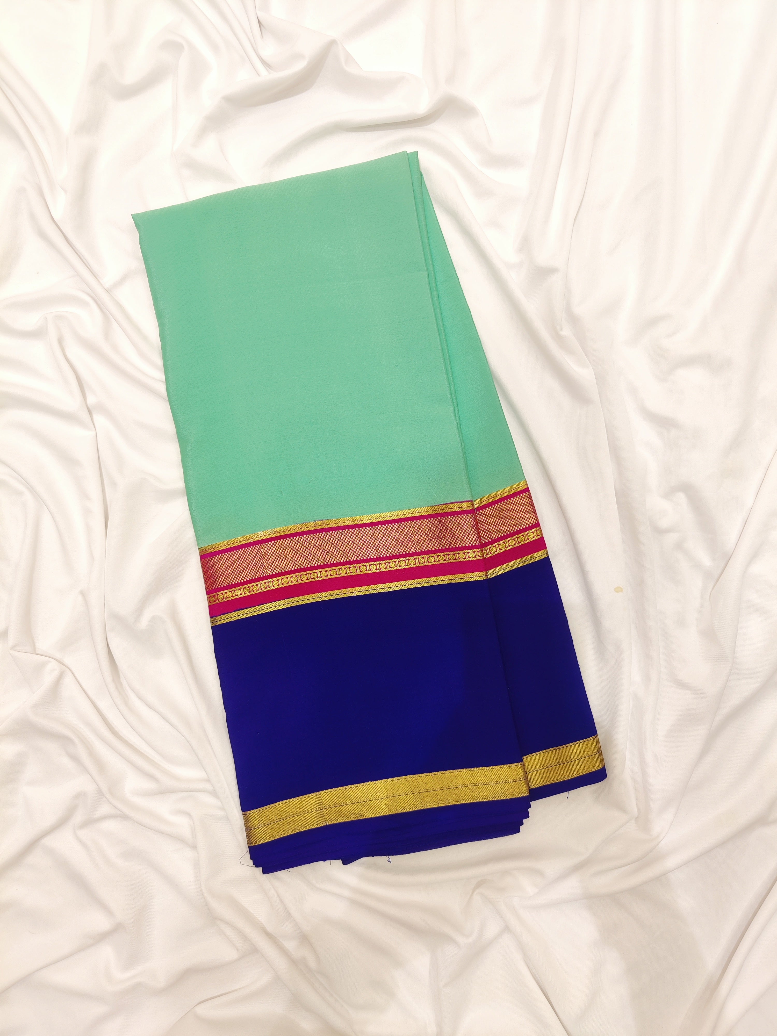 3D Akash Blue Mysore Silk Saree with Pink & Navy Blue Border
