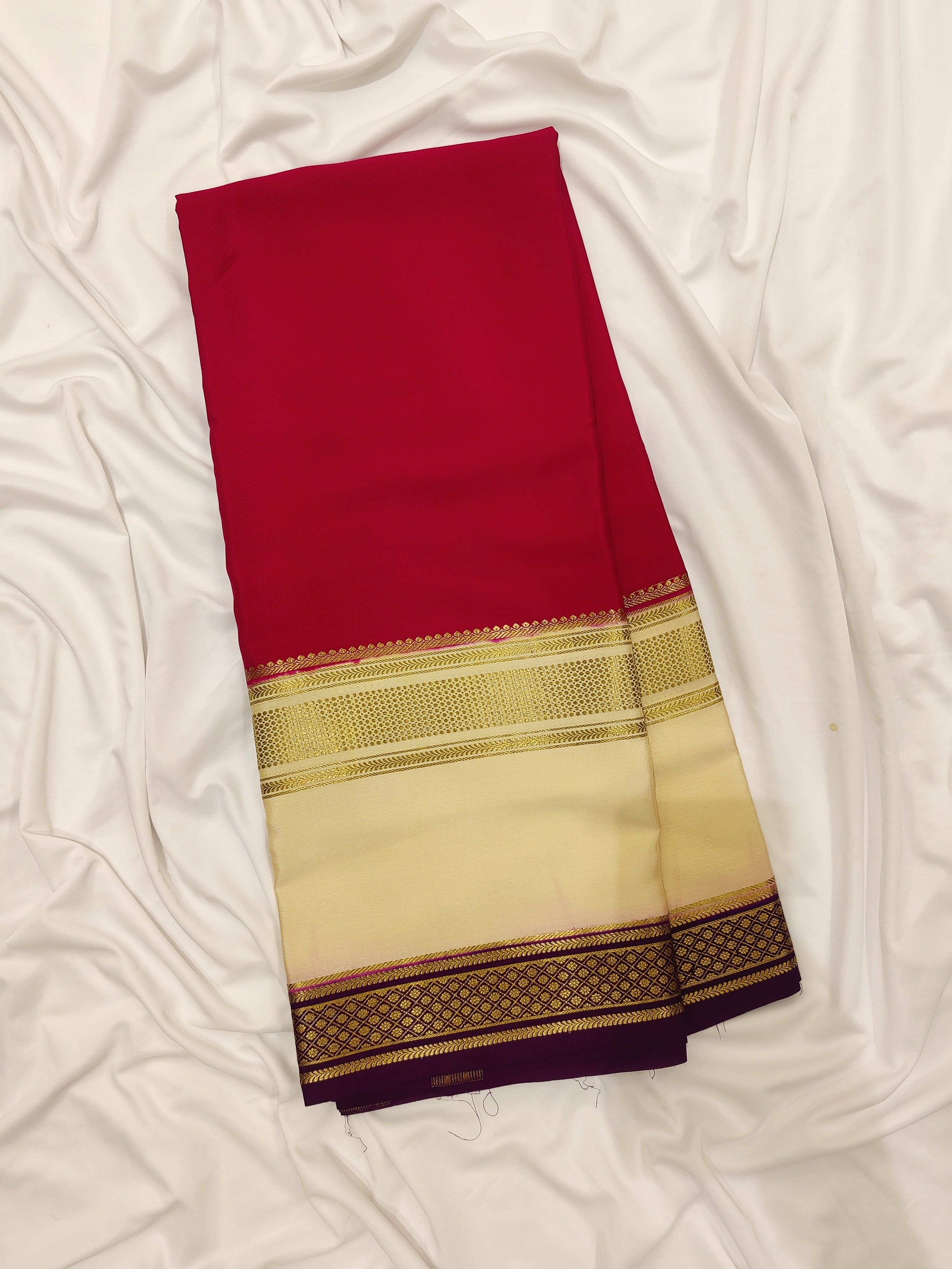 3D Magenta Pink Mysore Silk Saree with Cream & Purple Border