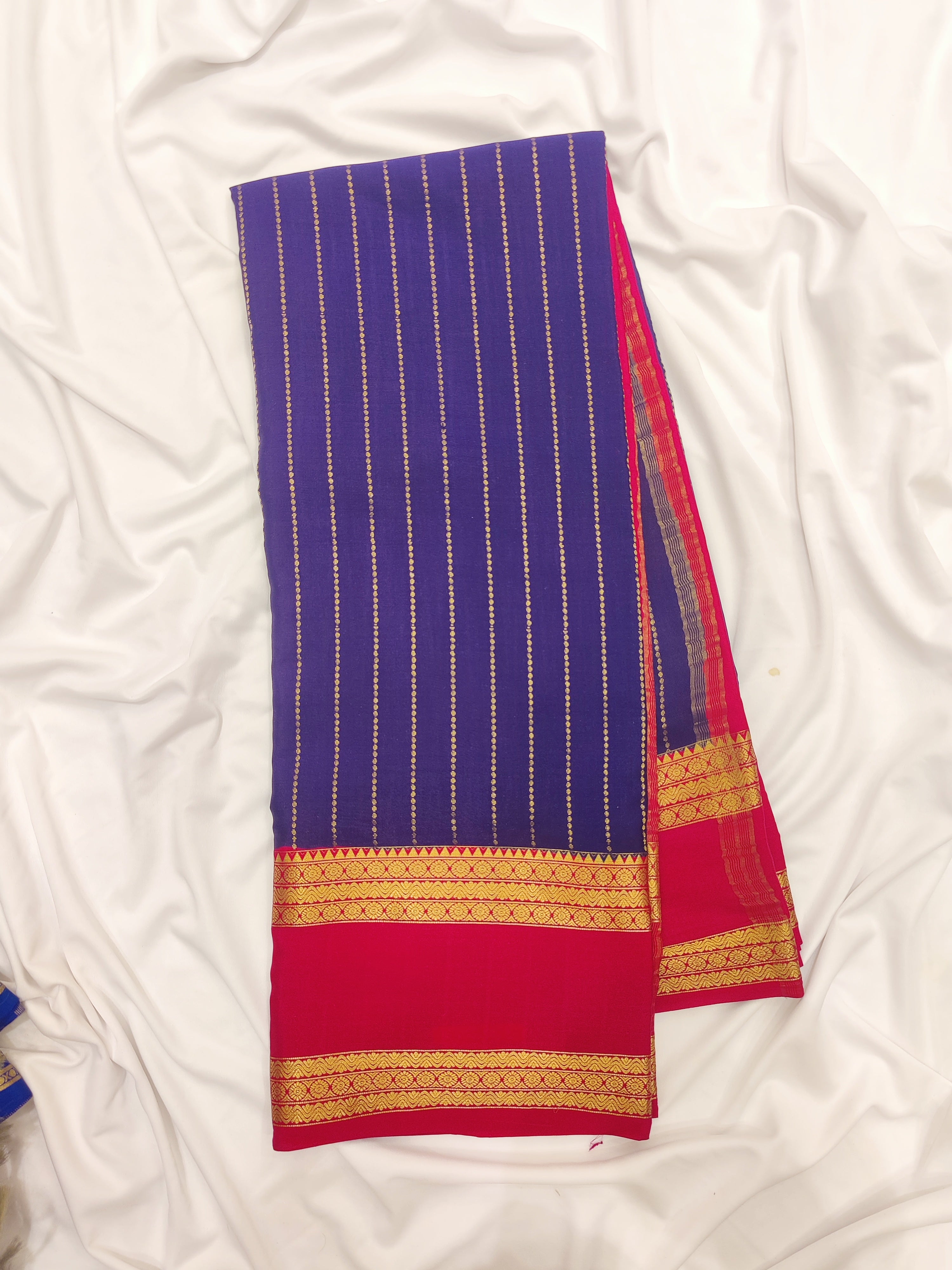 Navy Blue Mysore Silk Saree with Pink Gold Zari Border