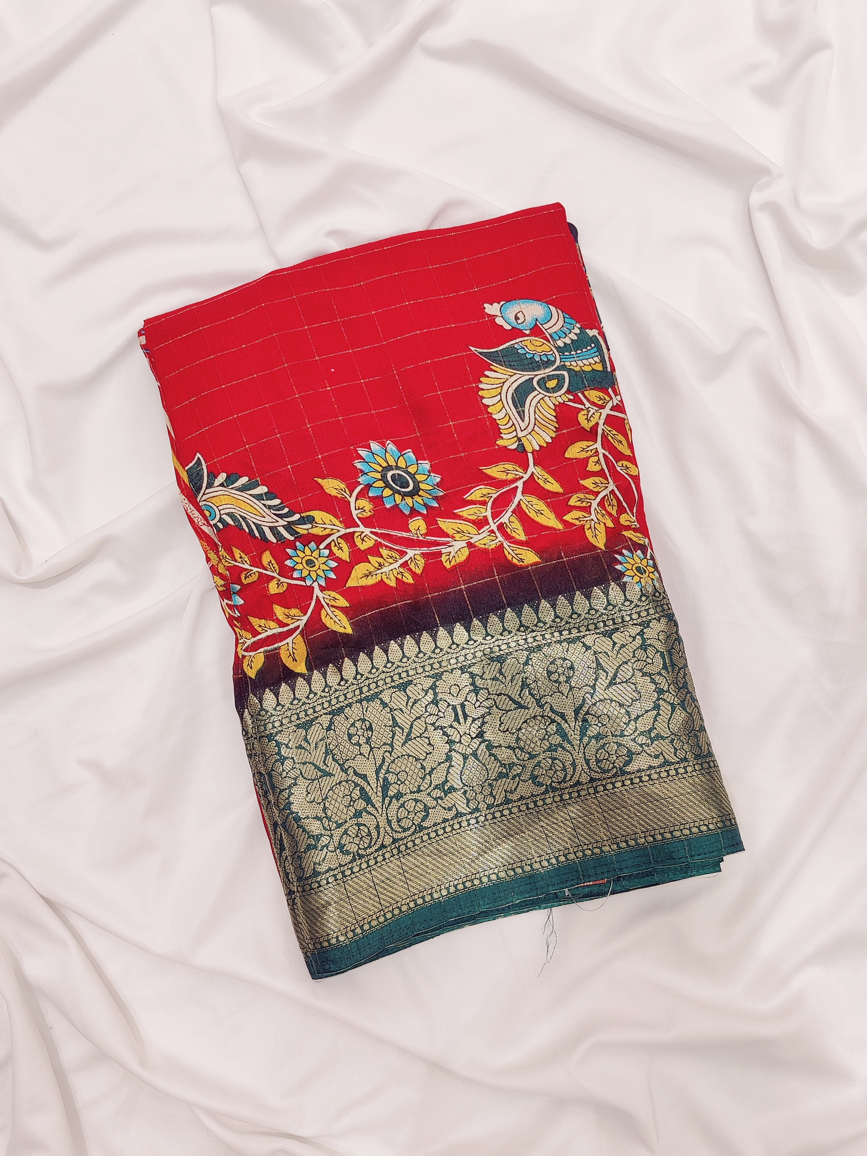 Red Raw Silk Saree – Peacock Design & Green Border – Shop Online