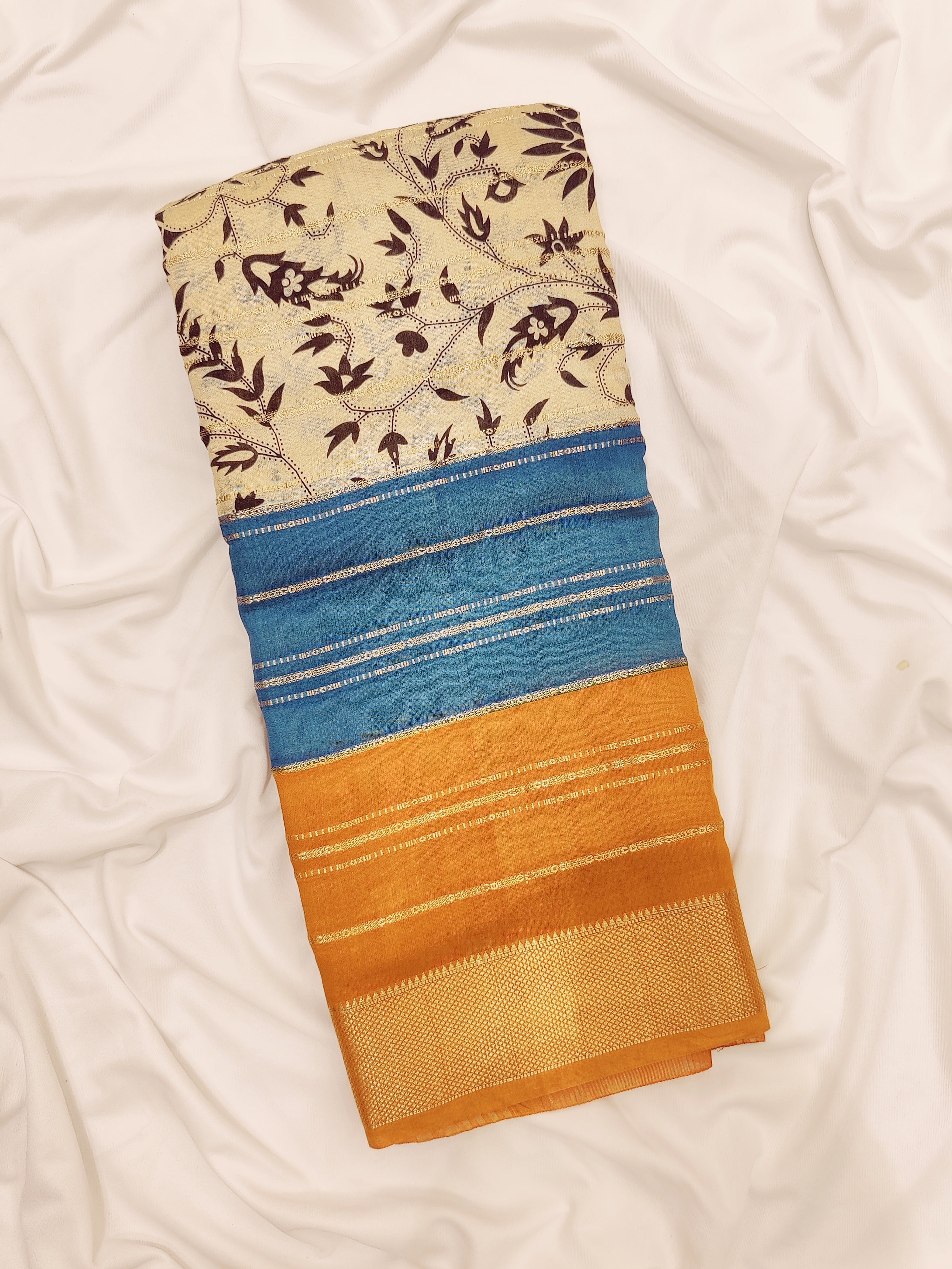 3D Raw Silk Saree – White, Blue & Yellow – Shop Online