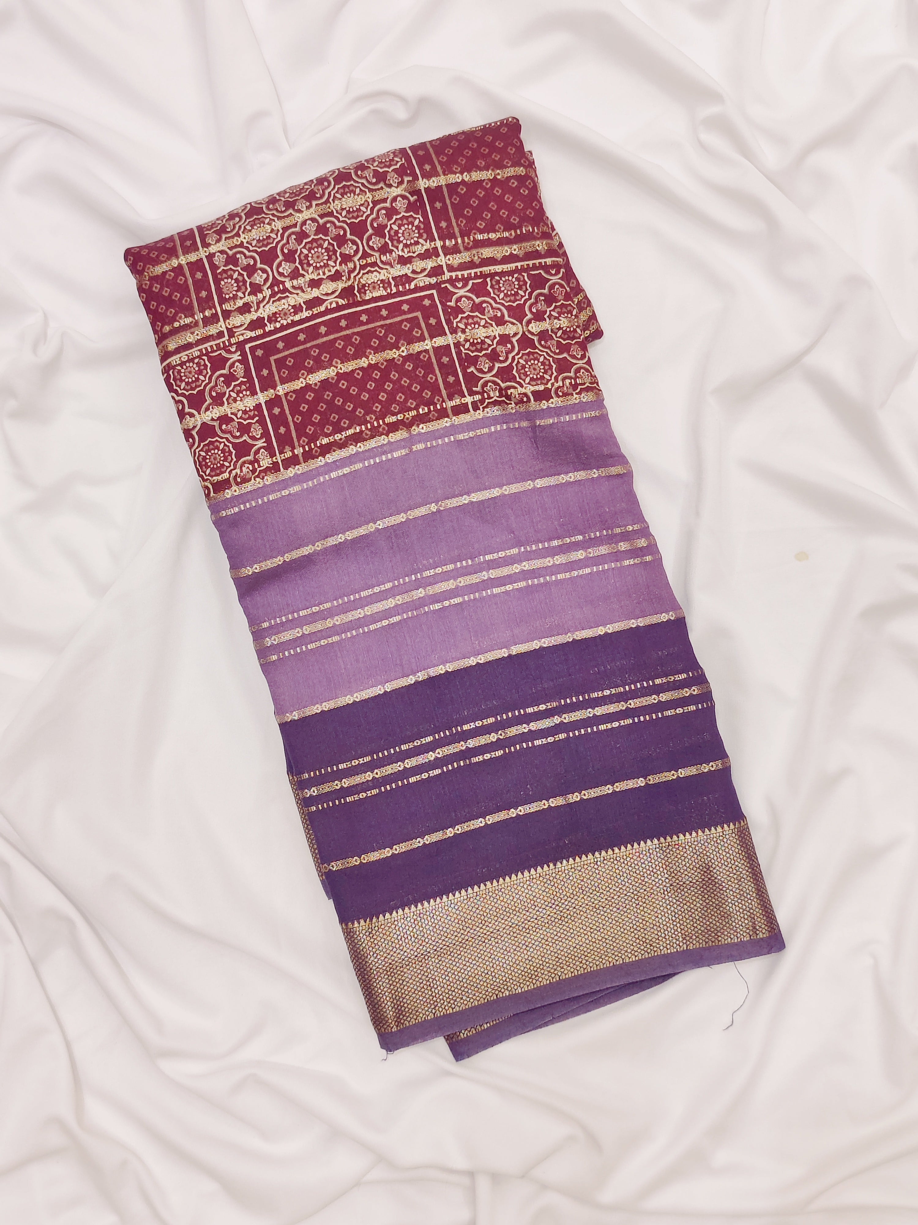 3D Maroon Raw Silk Saree with Lavender and Blue Accents – Shop Online
