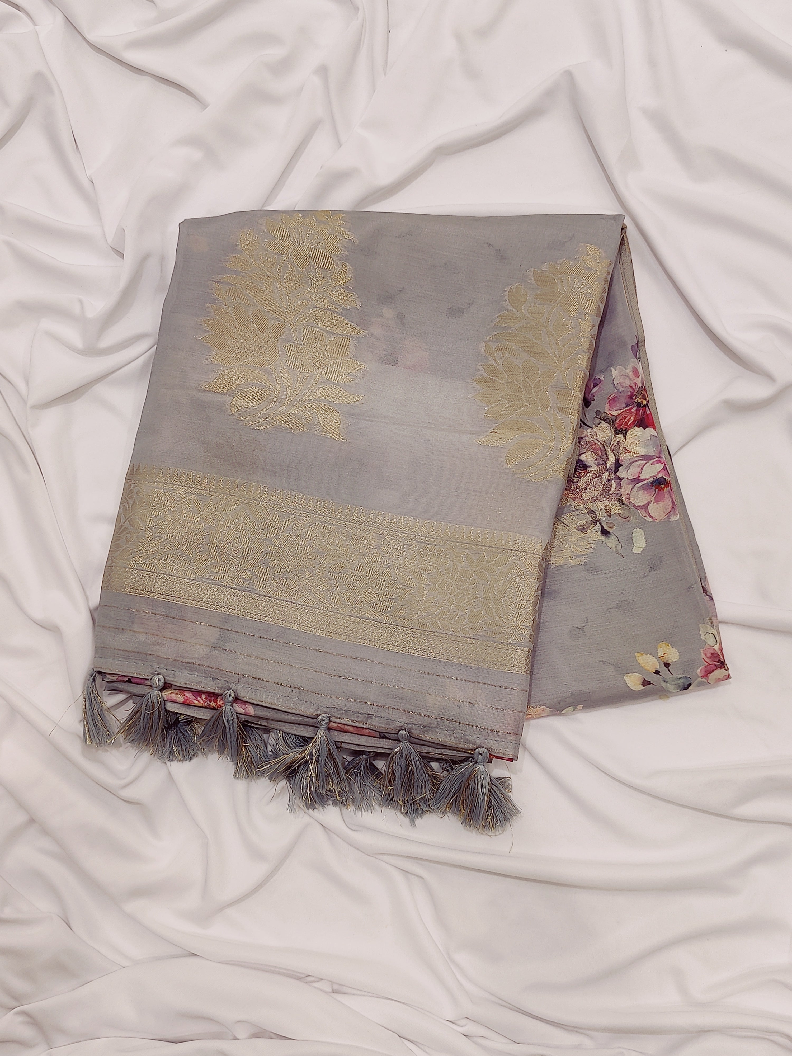 Grey Raw Silk Saree – Floral Fancy Work & Silver Border – Shop Online