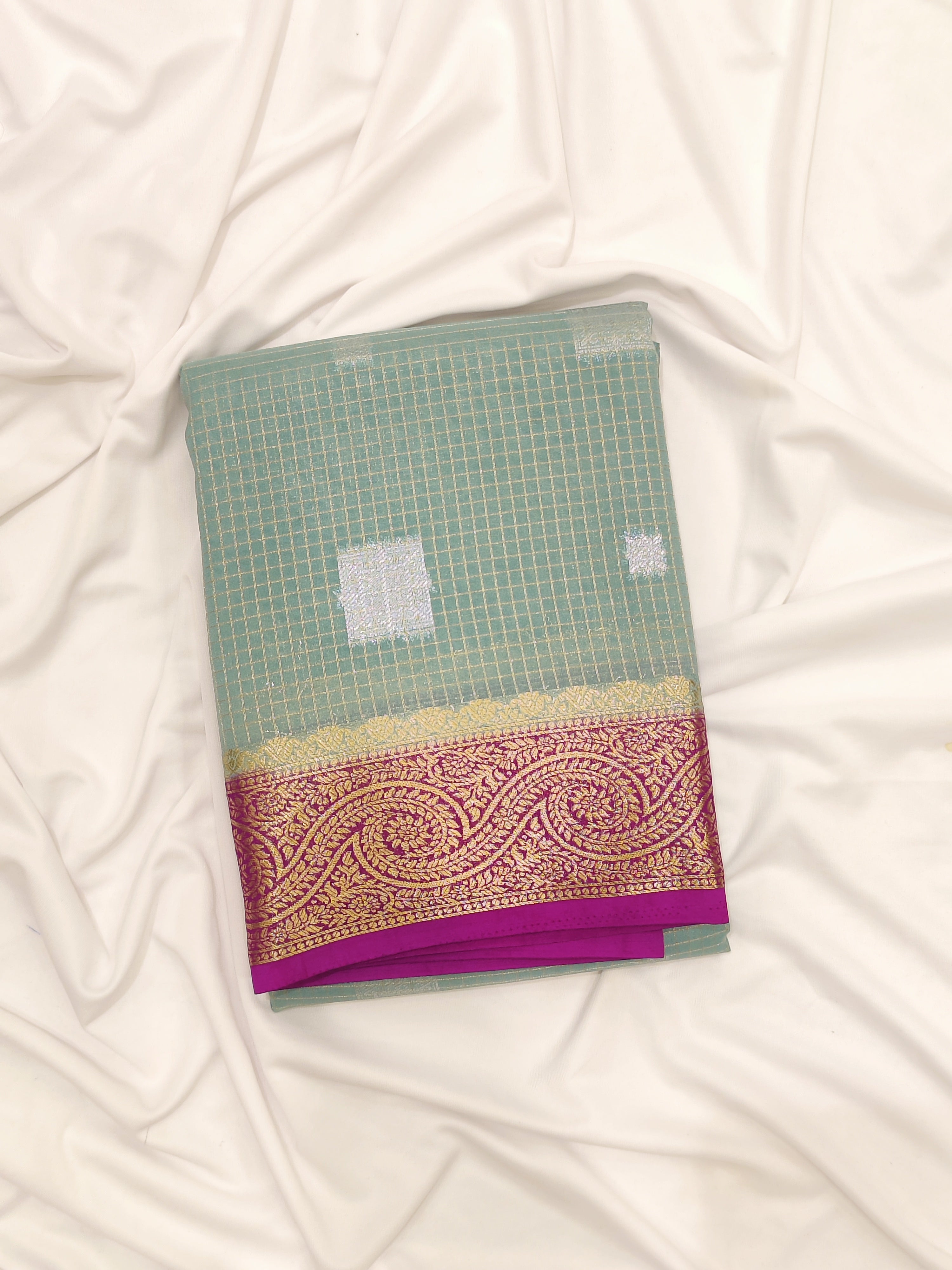 Sky Blue Semi Mysore Silk Saree – Pink Border with Checks – Shop Online.