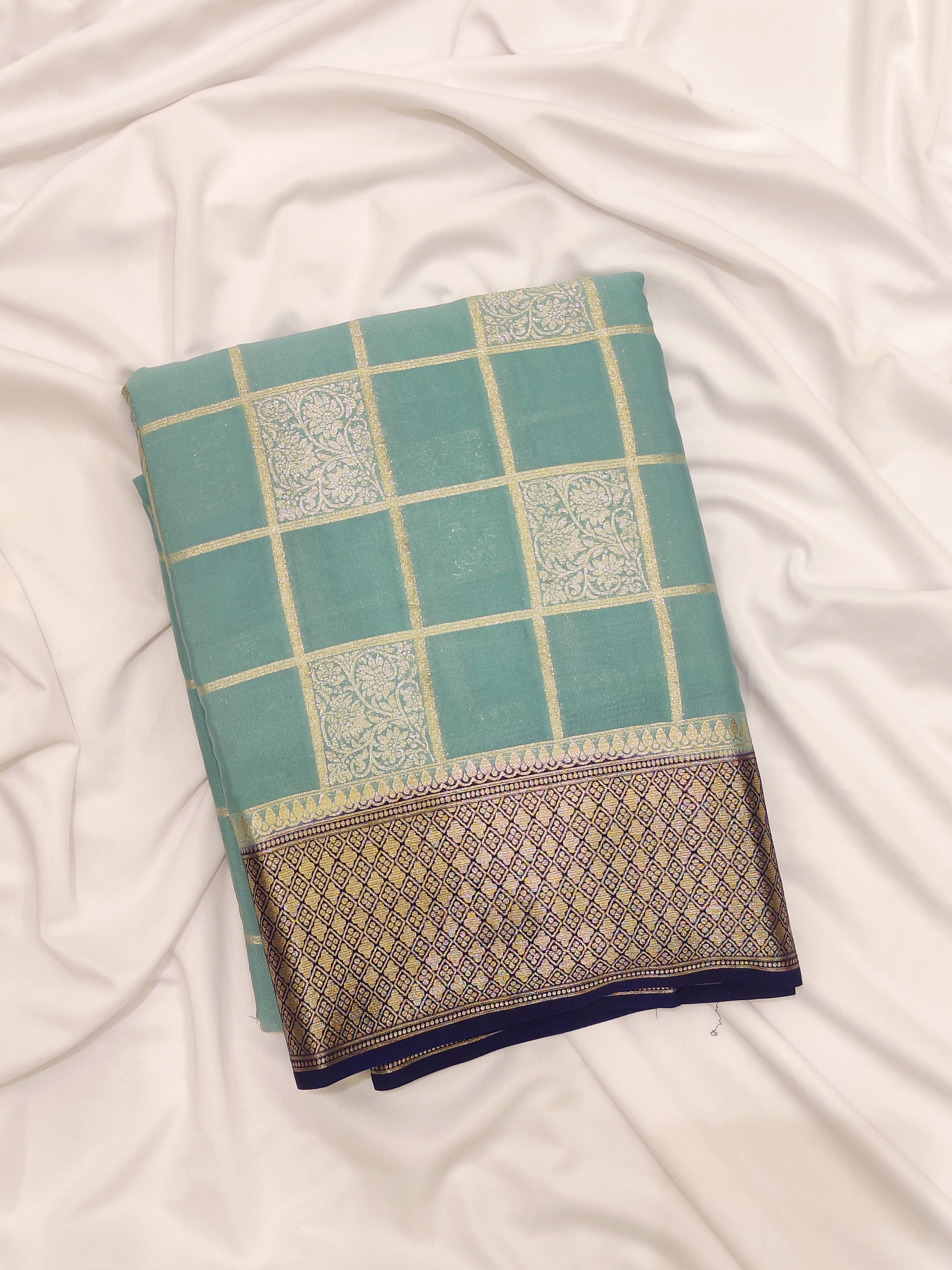 Blue Checked Semi Mysore Silk Saree – Navy Border – Shop Online