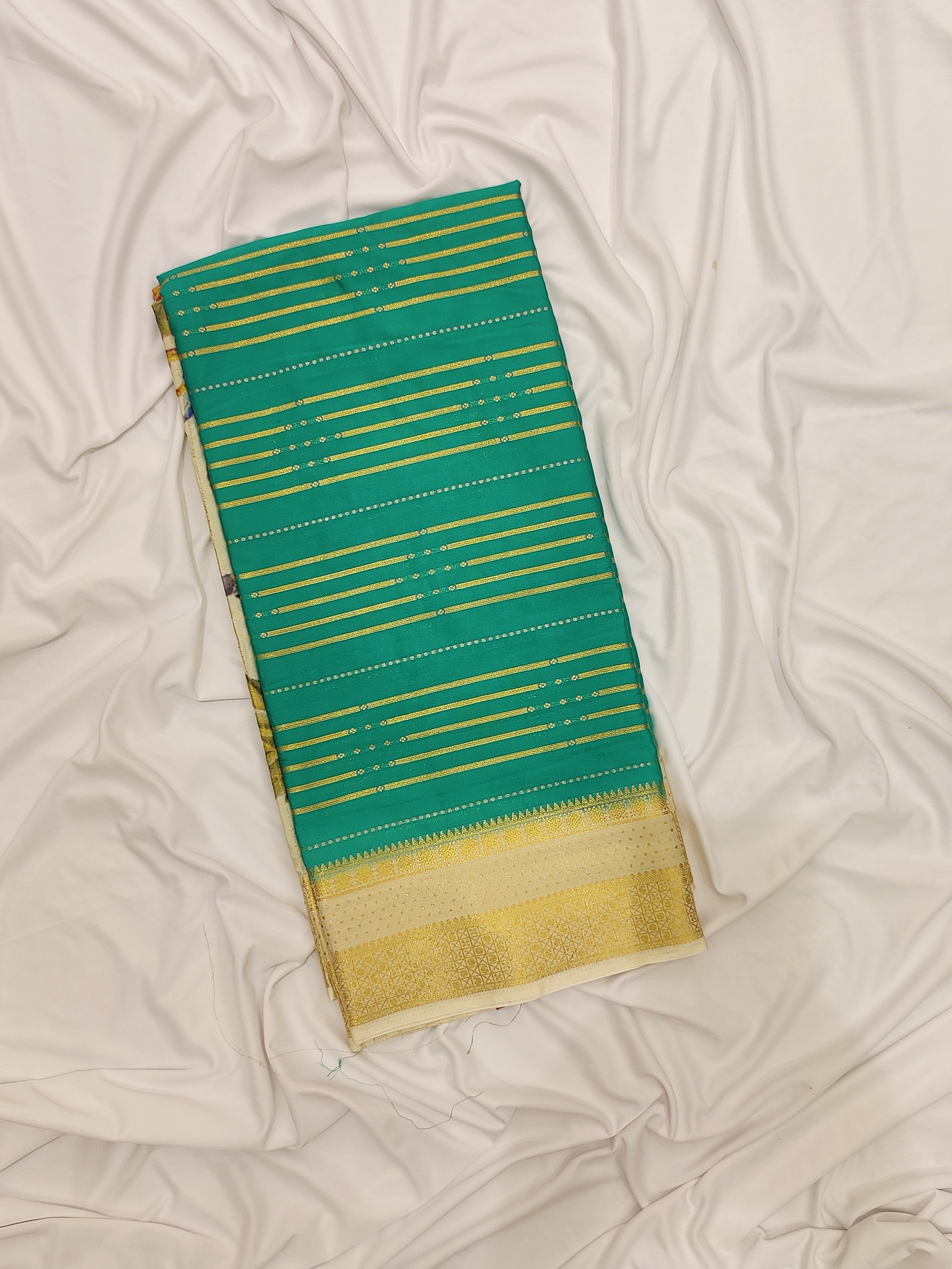Rama Green Semi Mysore Silk Saree – White Border & Printed Pallu – Shop Online