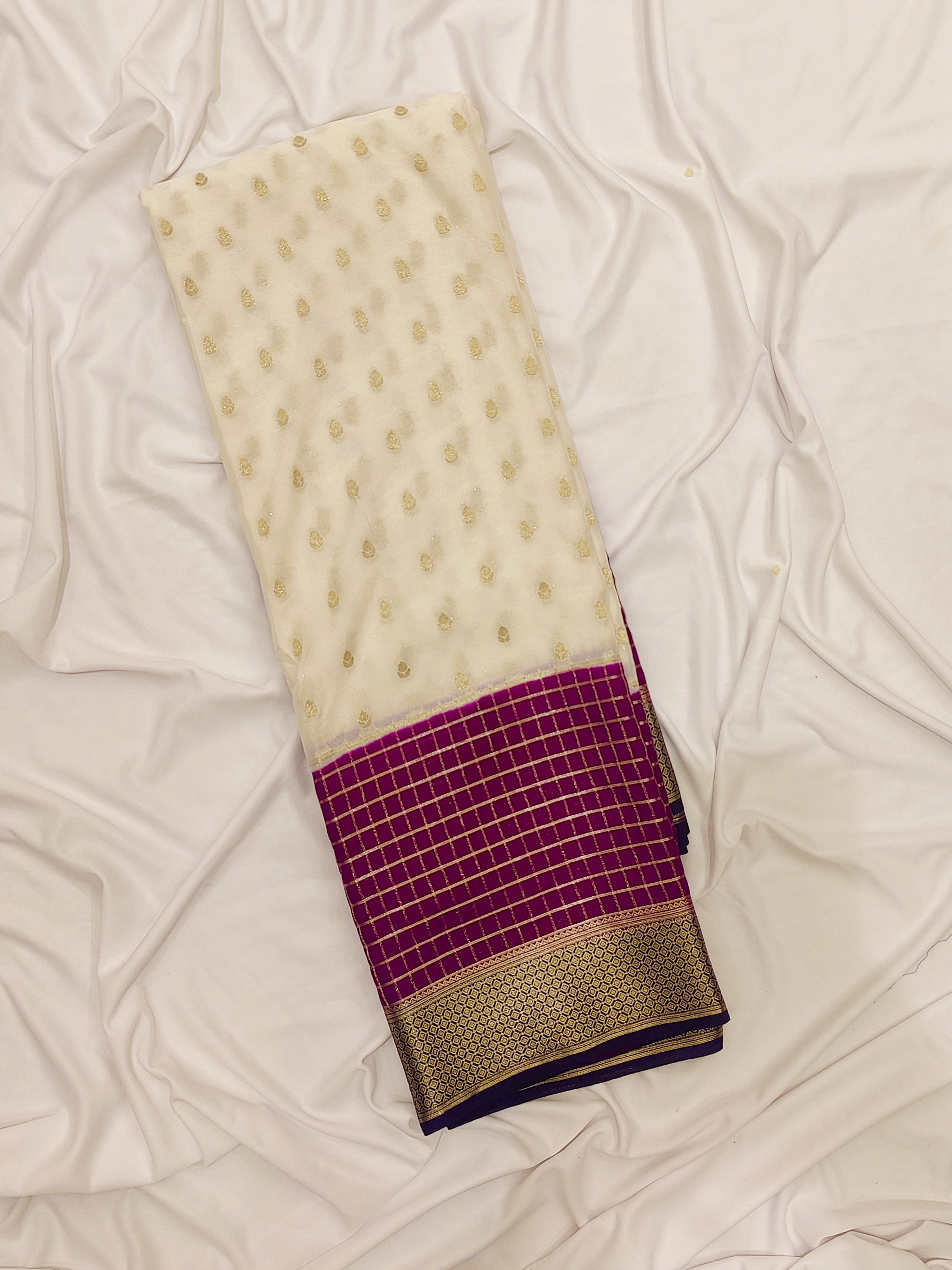 White Semi Mysore Silk Saree – Purple & Navy Accents – Shop Online