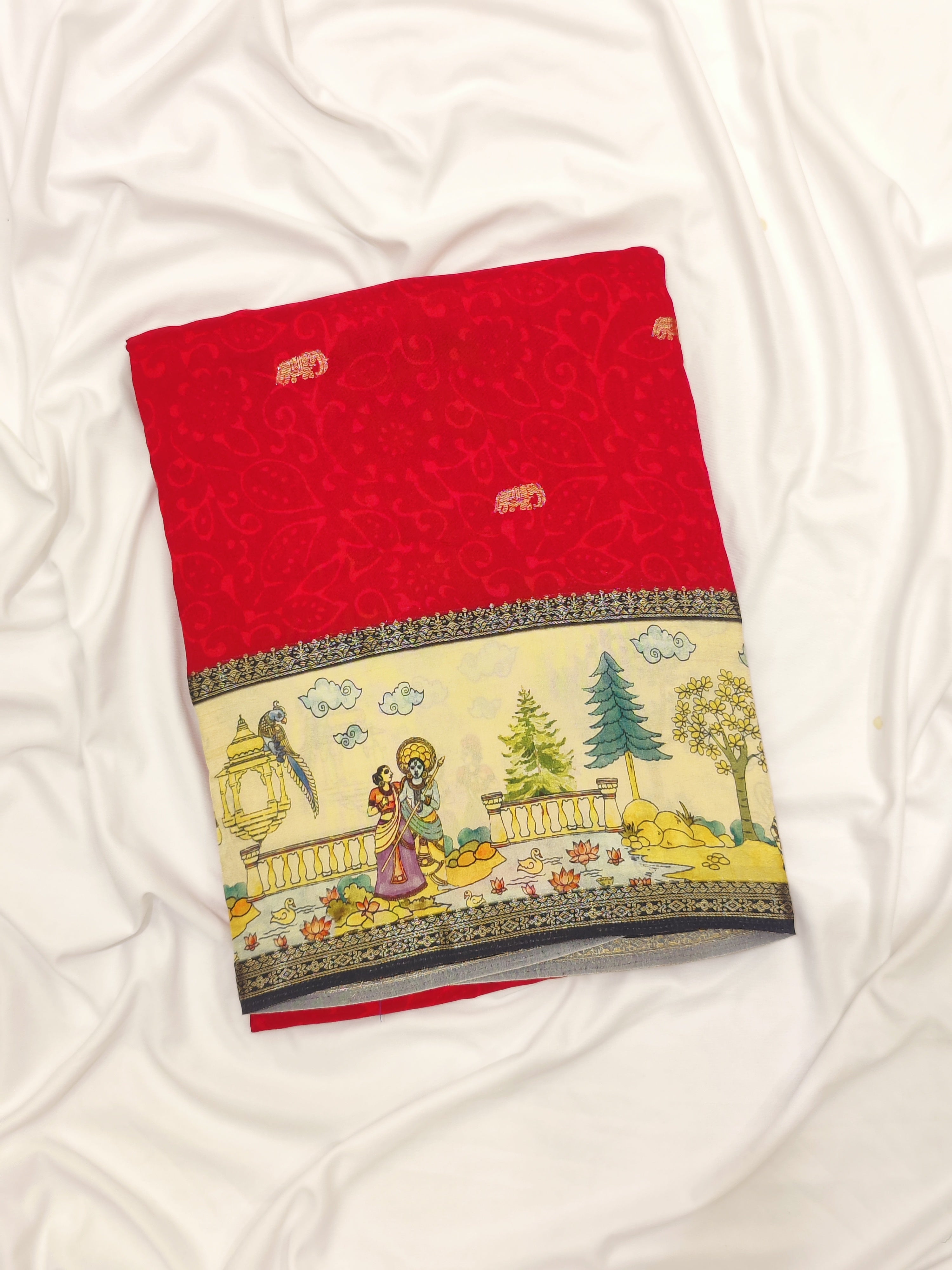 Red Saree – Floral Work & Traditional Printed Border – Shop Online