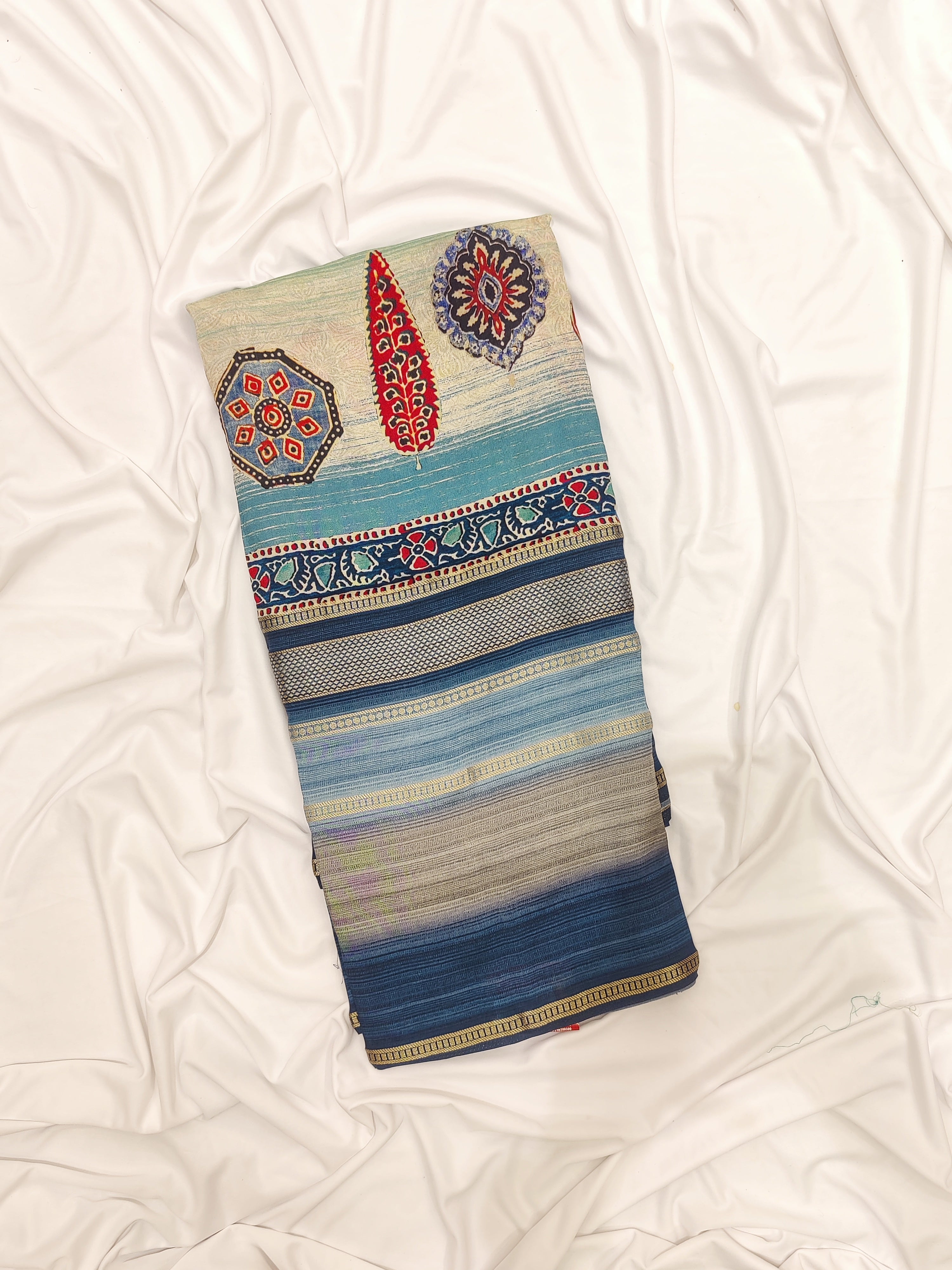 Blue Printed Saree – Grey Shaded Design – Shop Online