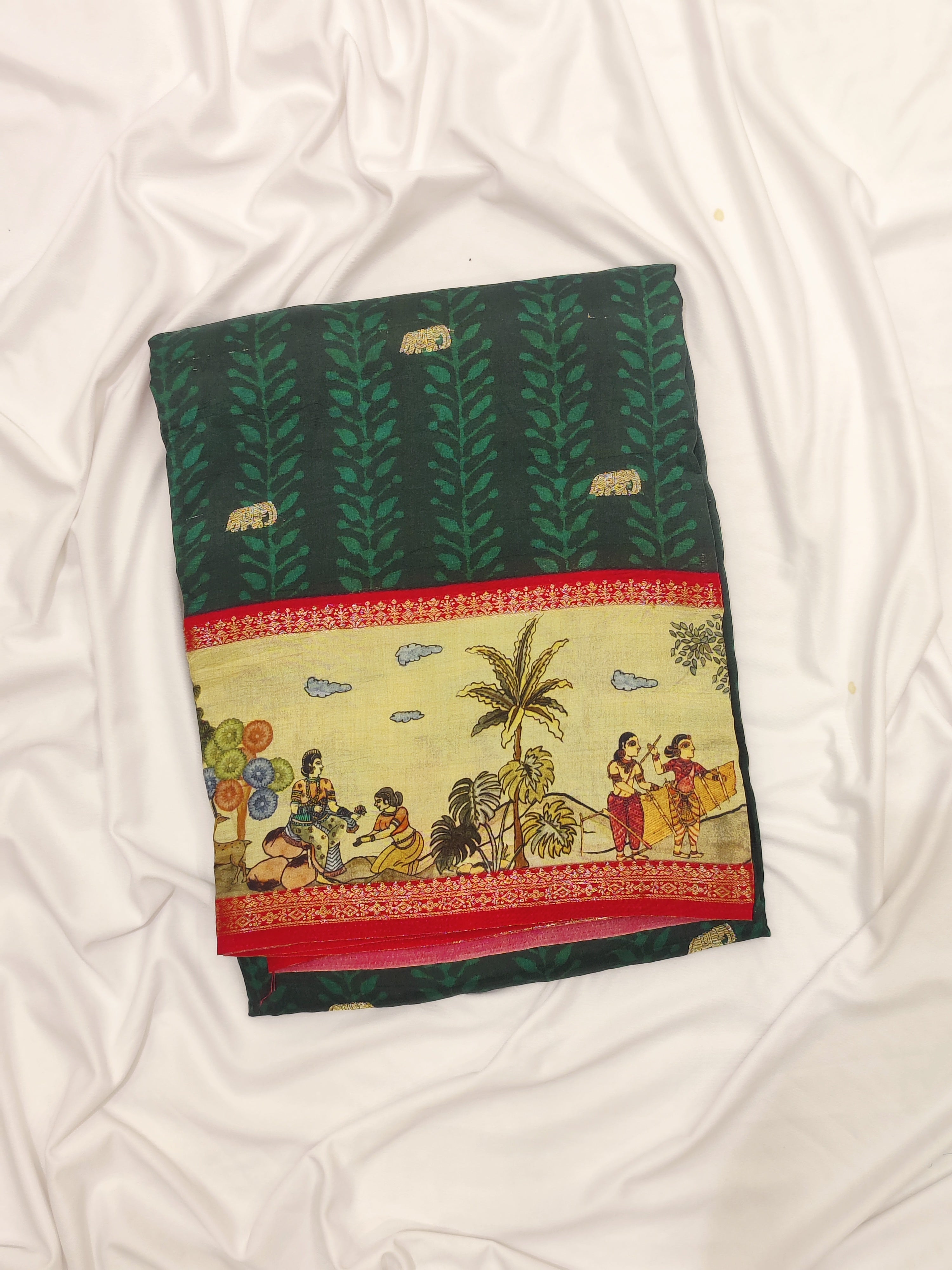 Bottle Green Saree – Elephant Motifs & Ancient Border – Shop Online