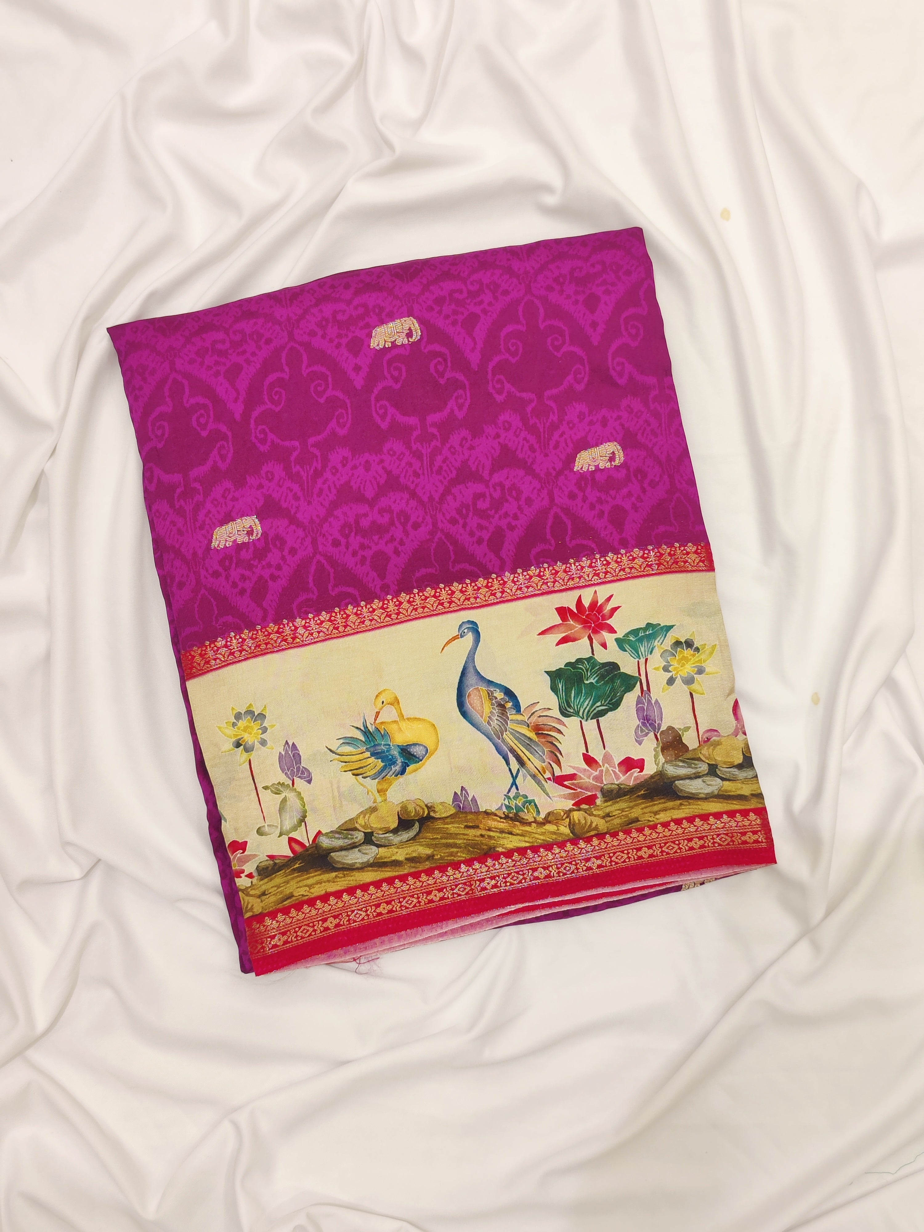 Purple Printed Saree – Flamingo Border Work – Shop Online